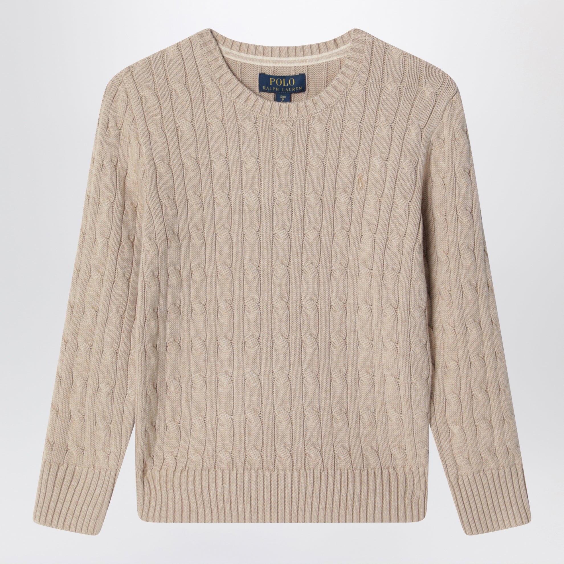 Cable-knit cotton crewneck sweater in tan heather