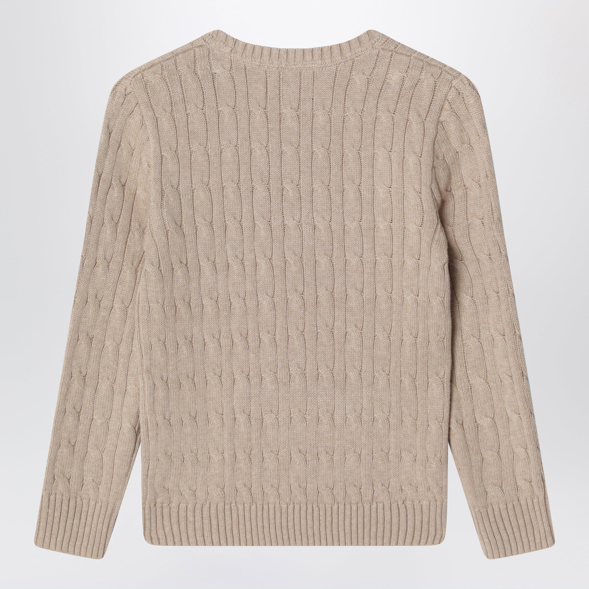 Cable-knit cotton crewneck sweater in tan heather