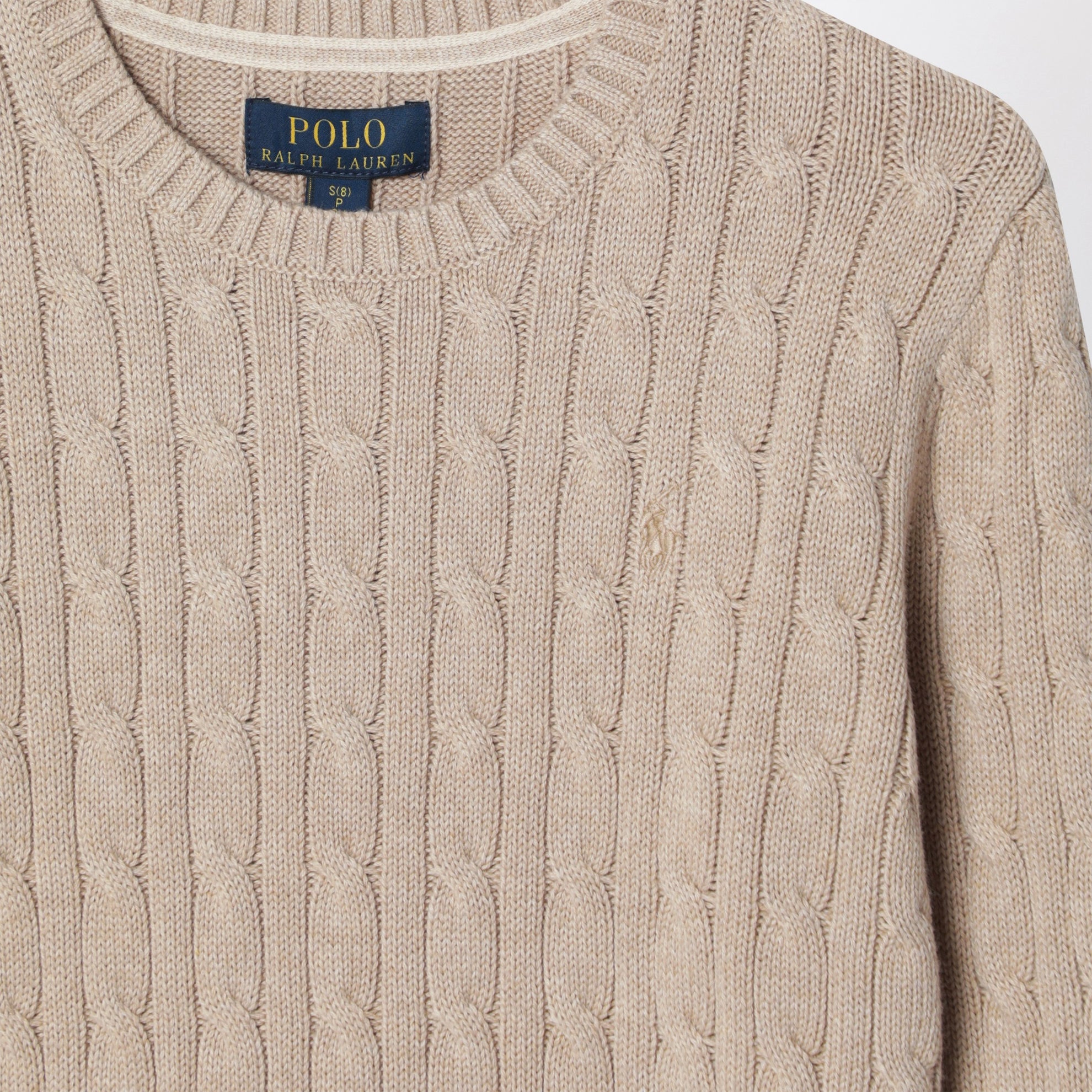 Cable-knit cotton crewneck sweater in tan heather