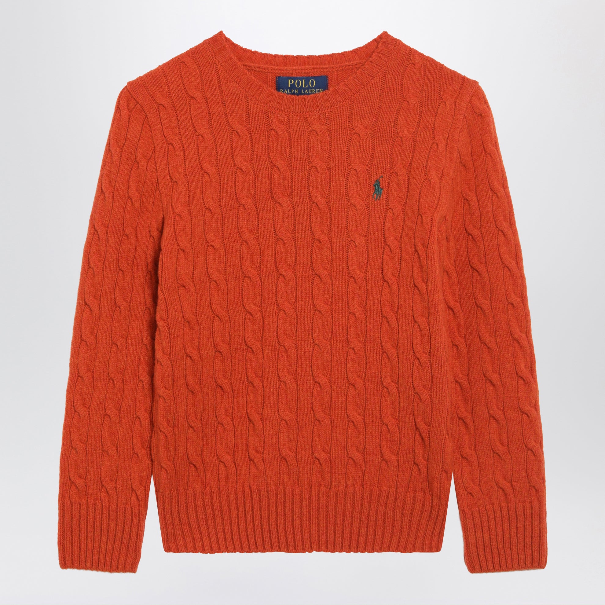 Orangefarbener Zopfpullover aus Wolle und Kaschmir