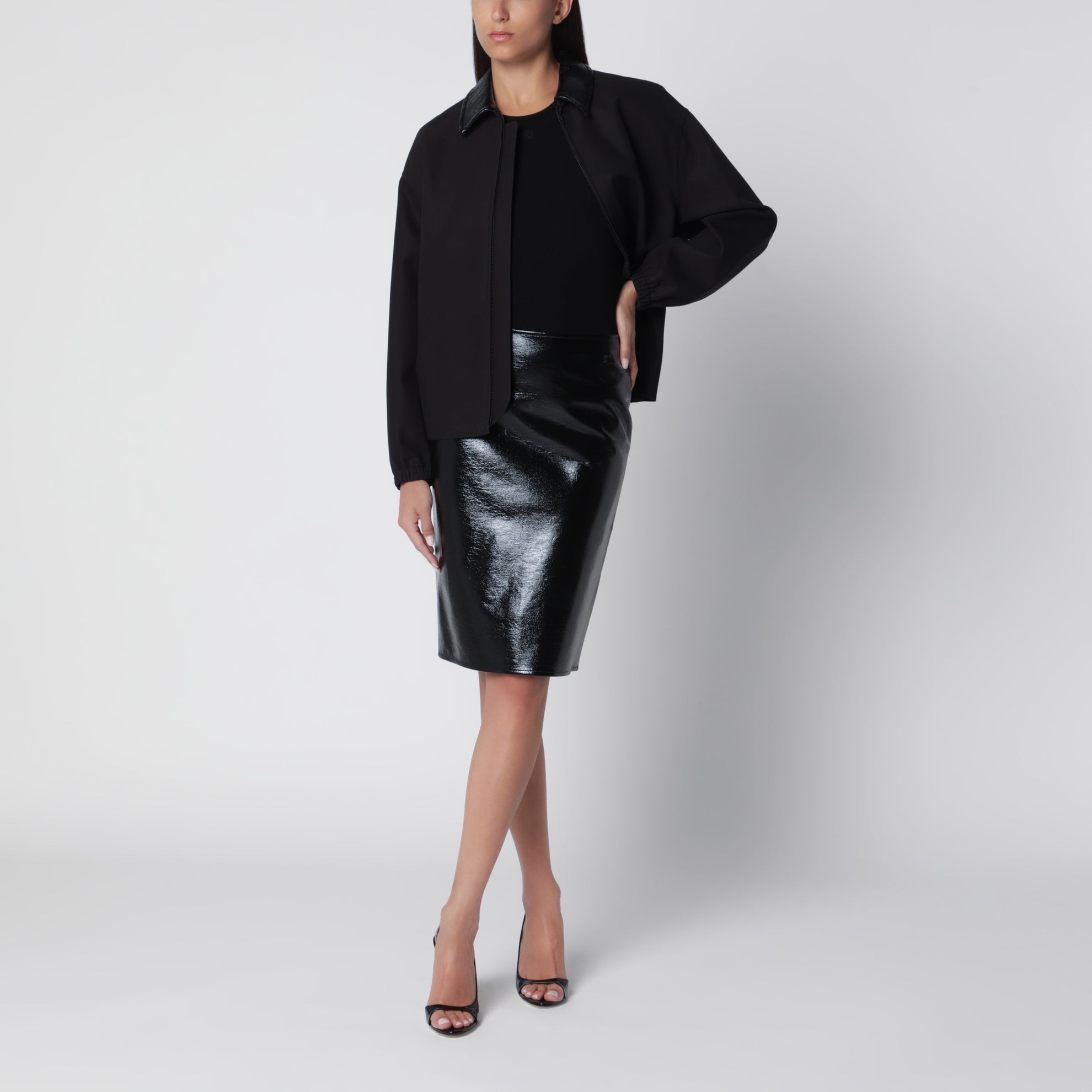 Giacca bomber nera in cotone con collo in vinile