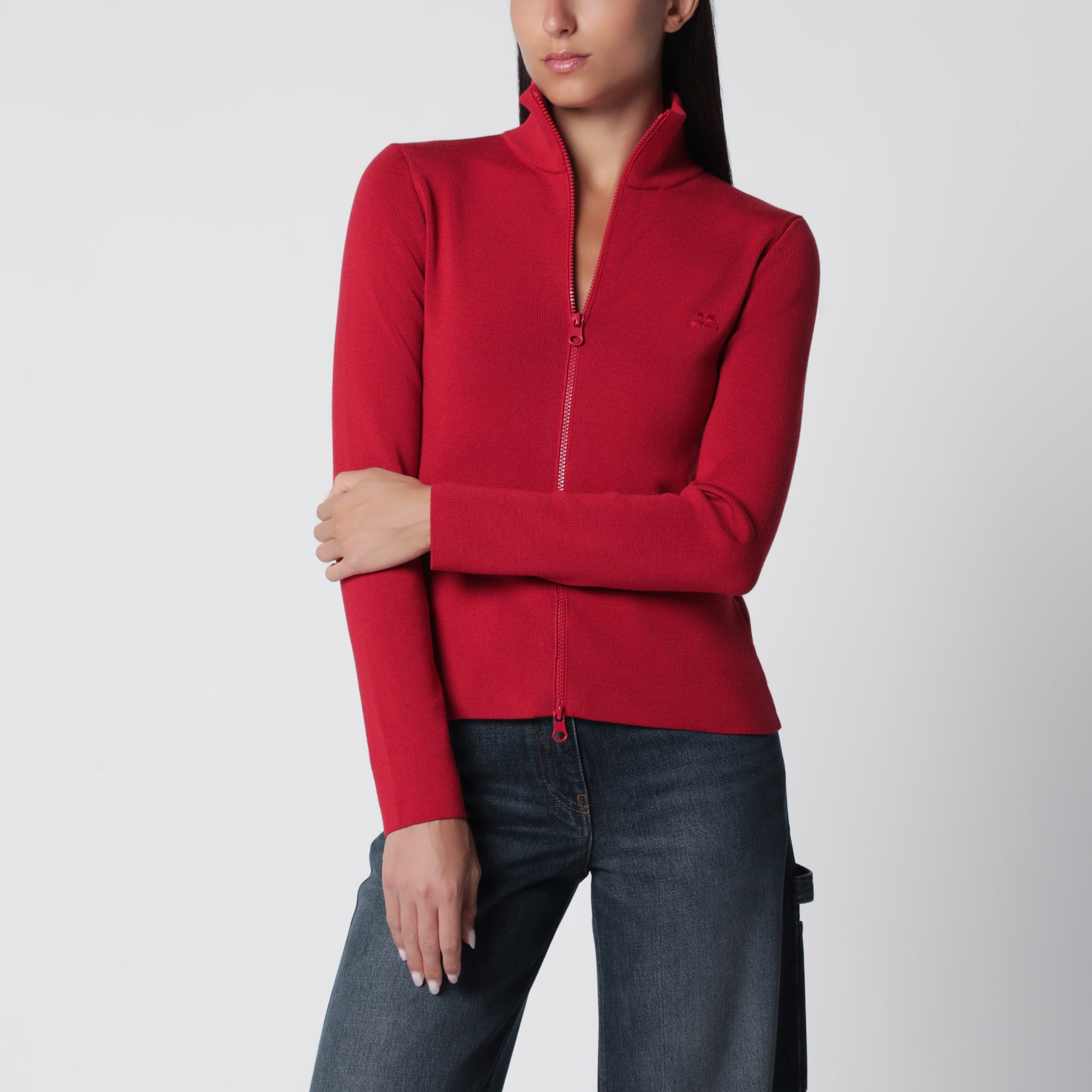High-neck Iced Red merino wool cardigan