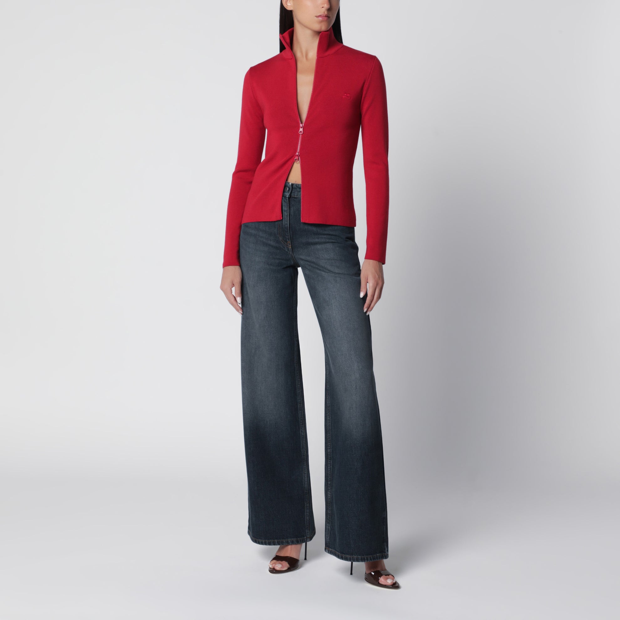 High-neck Iced Red merino wool cardigan