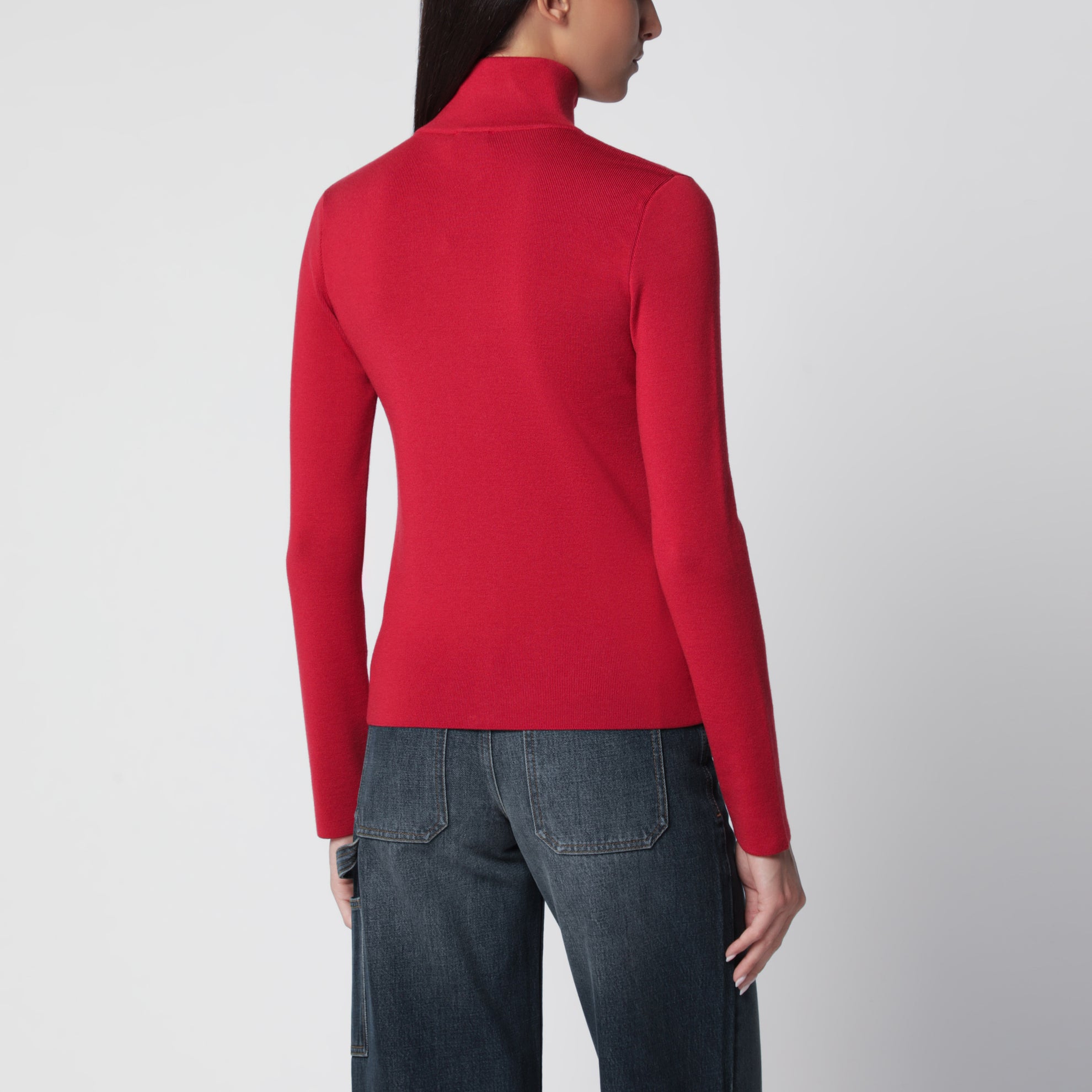 High-neck Iced Red merino wool cardigan