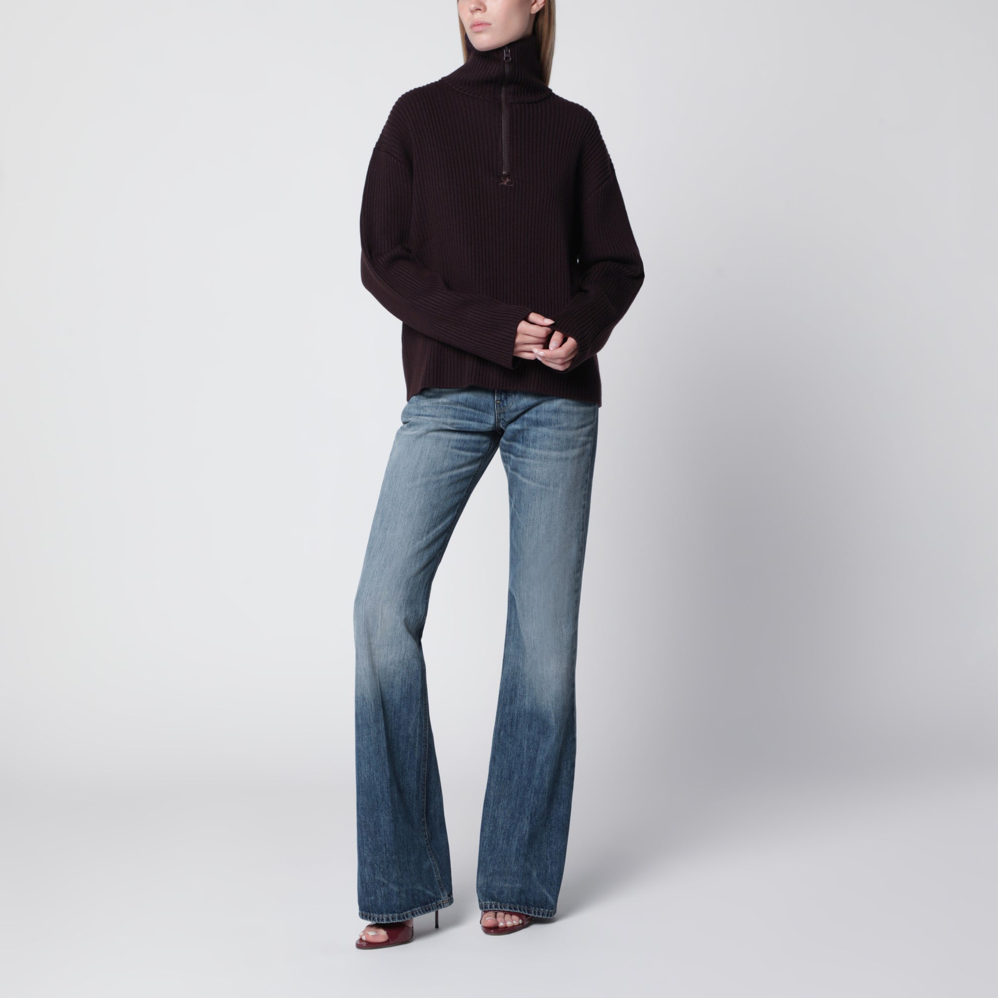 Maglione a coste con zip bordeaux scuro