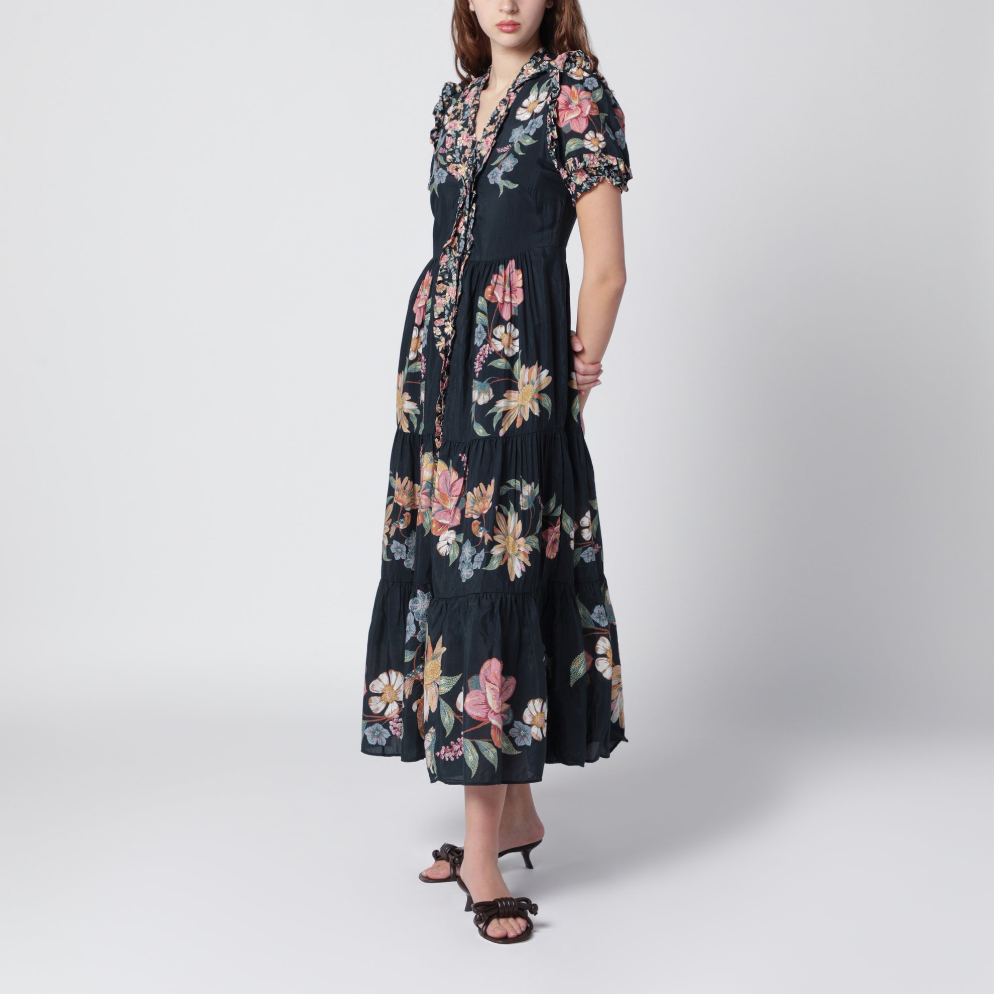 Dark Blue Midi Dress With Floral Pattern