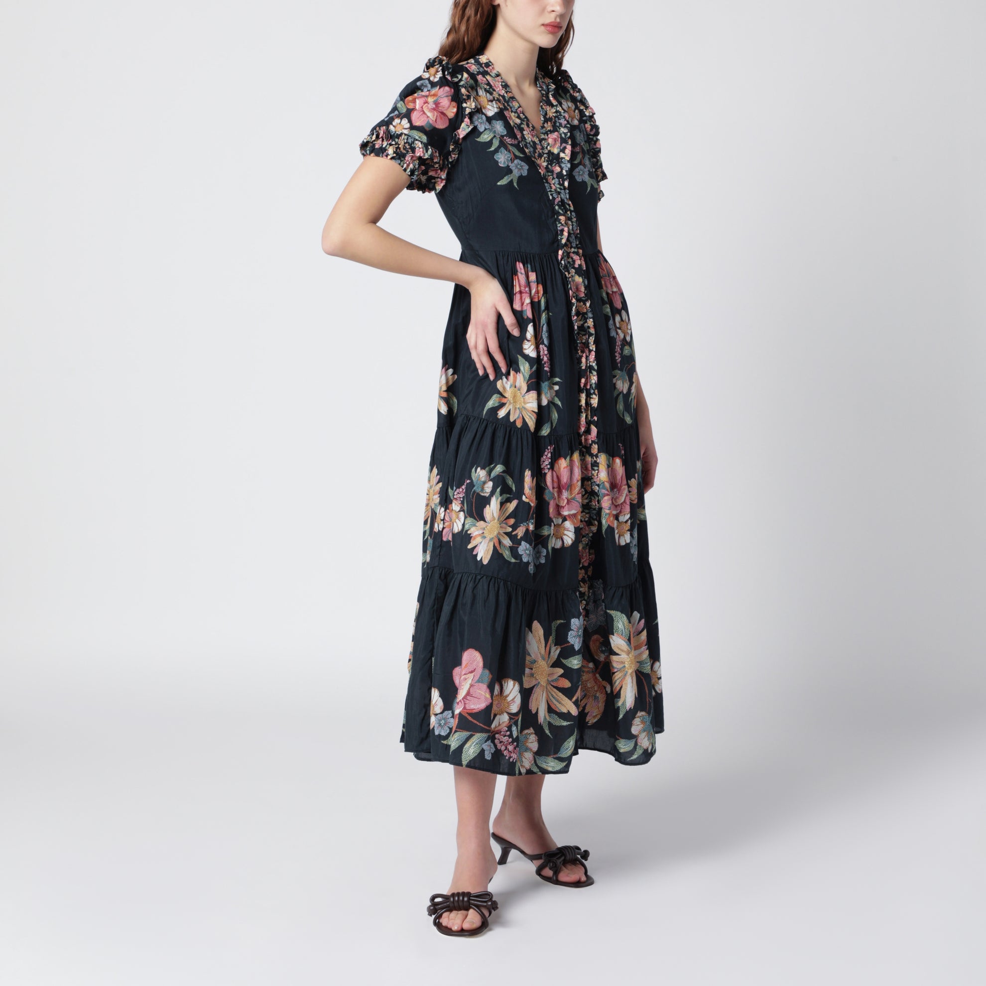 Dark Blue Midi Dress With Floral Pattern
