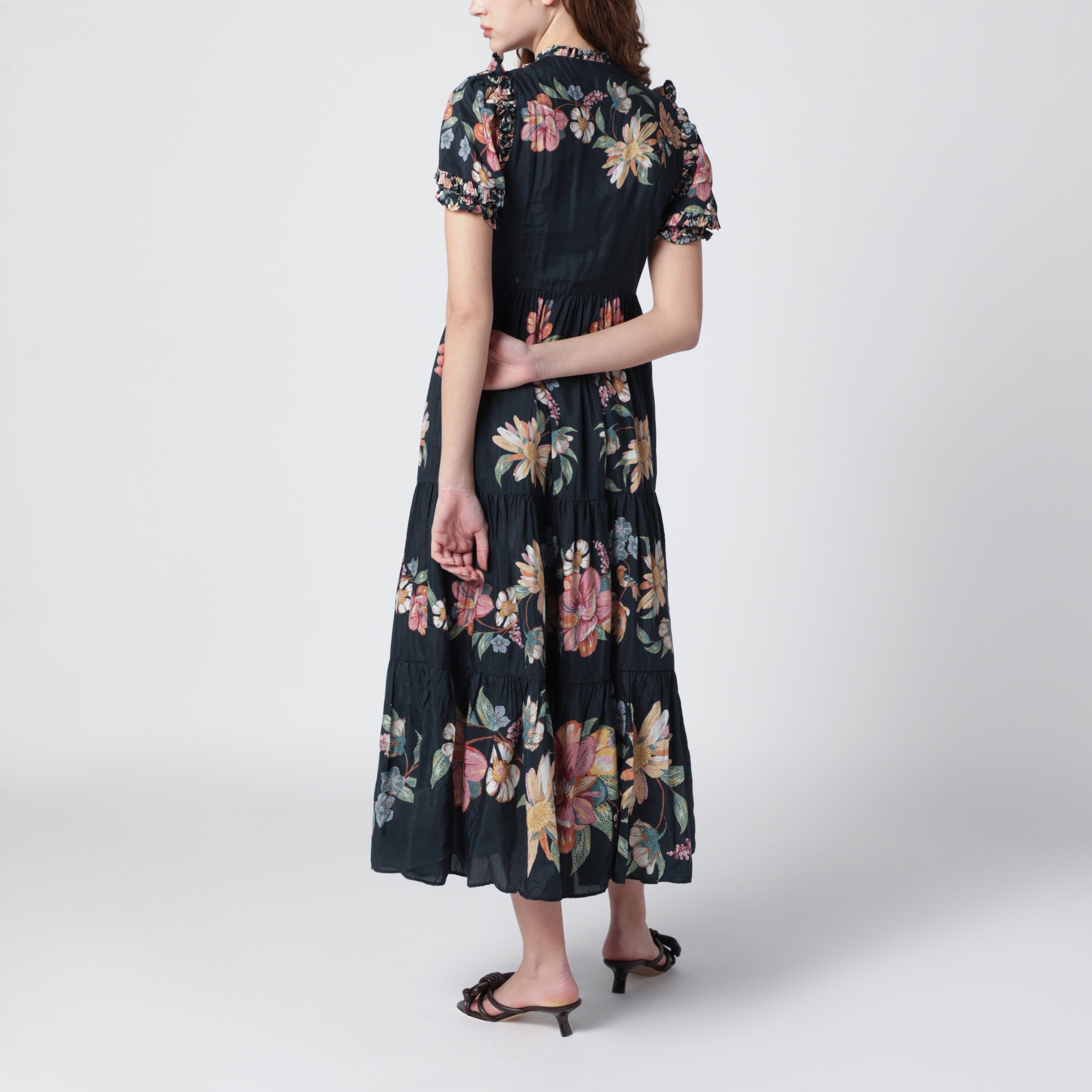 Dark Blue Midi Dress With Floral Pattern