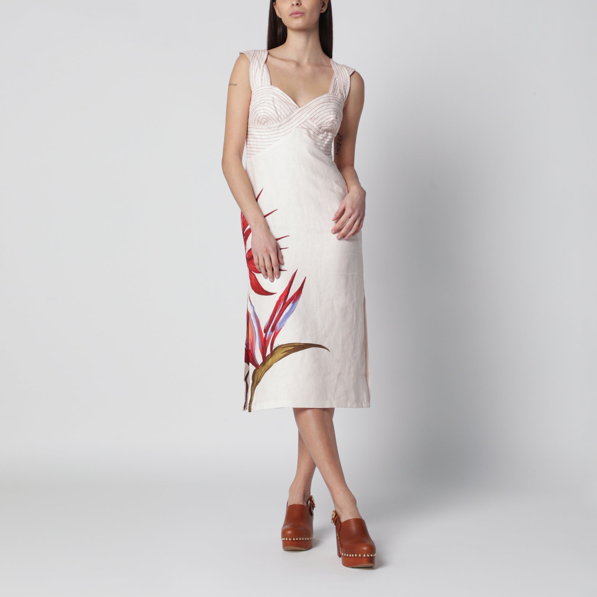 Midi-Kleid aus Leinen in Sandfarbe mit Strelitzienmuster