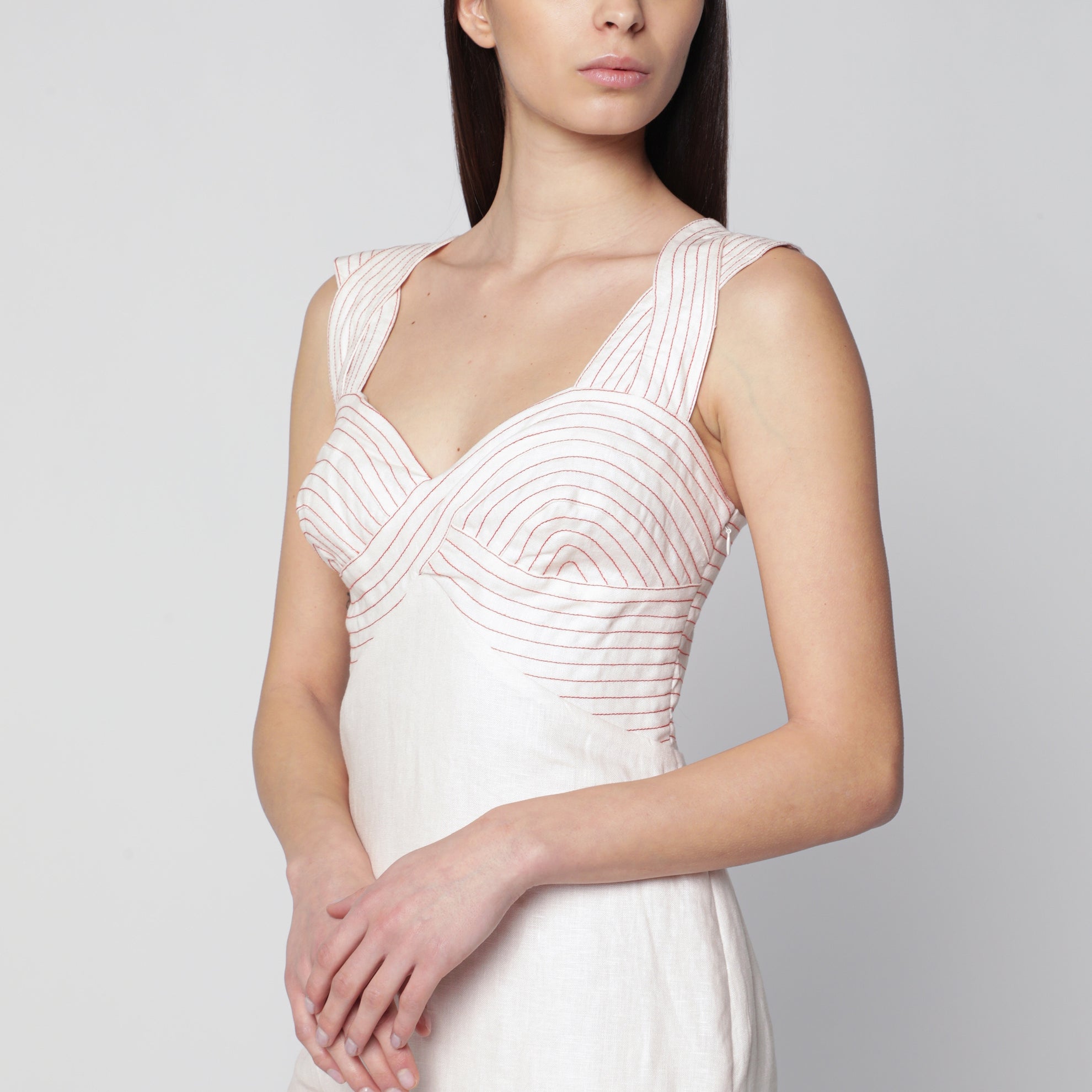FARM Rio Sand-colored linen midi dress with Strelitzia pattern