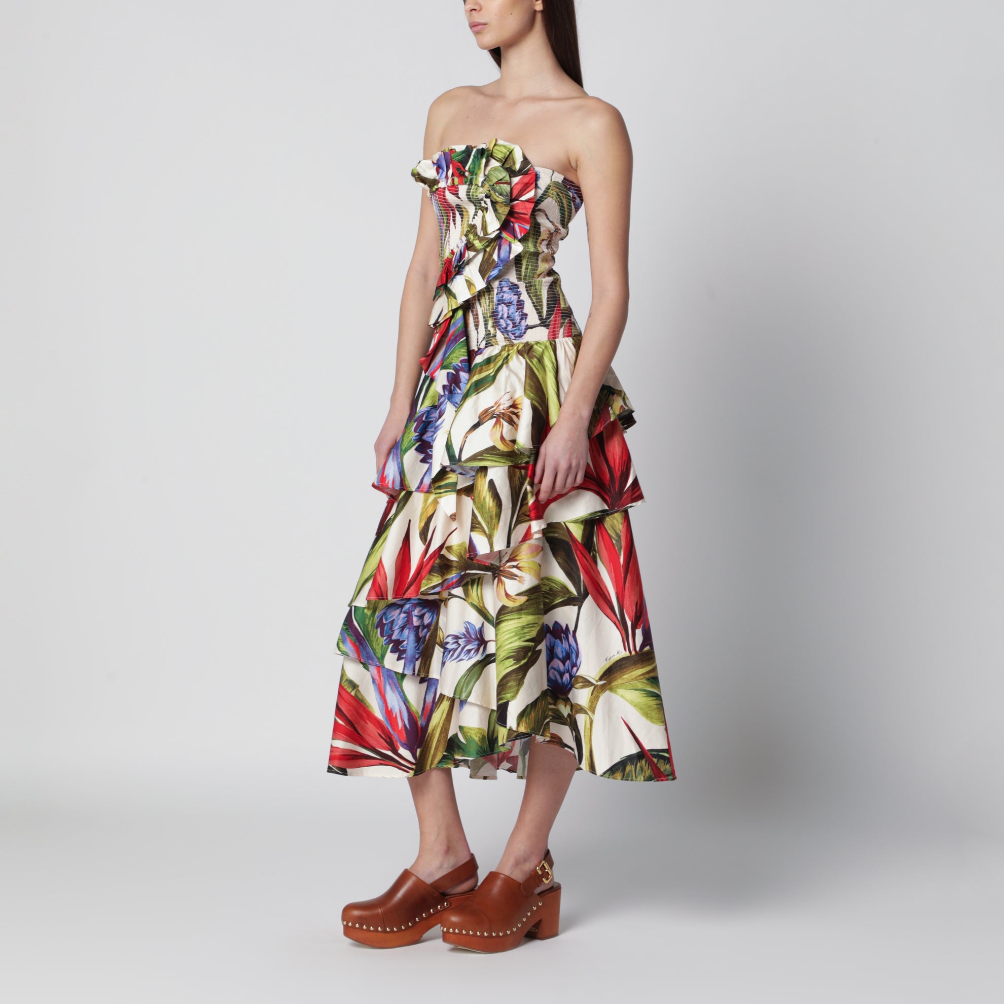 FARM Rio Sand Florart strapless cotton dress | TheDoubleF FARM Rio Sand Florart strapless cotton dress | TheDoubleF