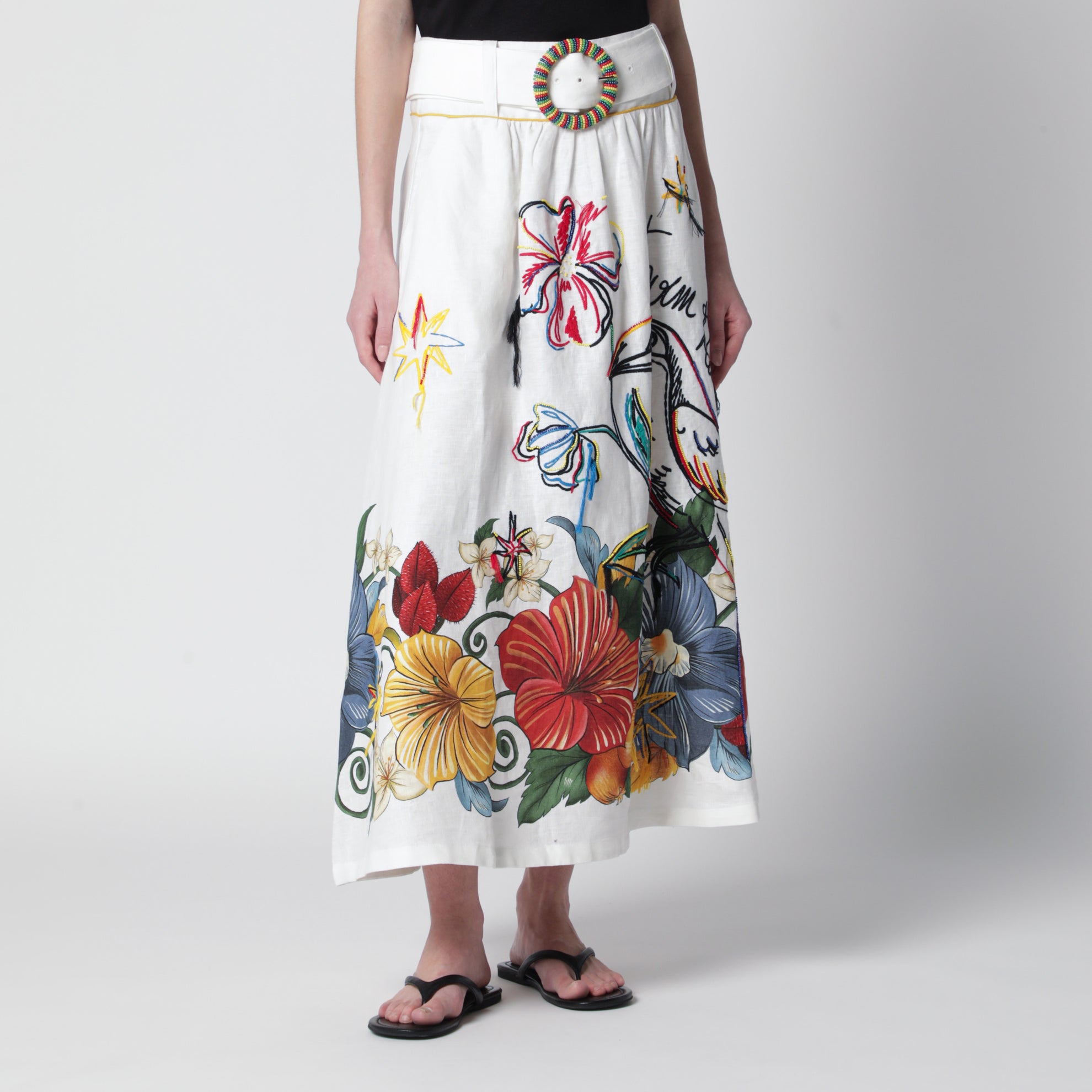 White linen skirt with tropical embroidery