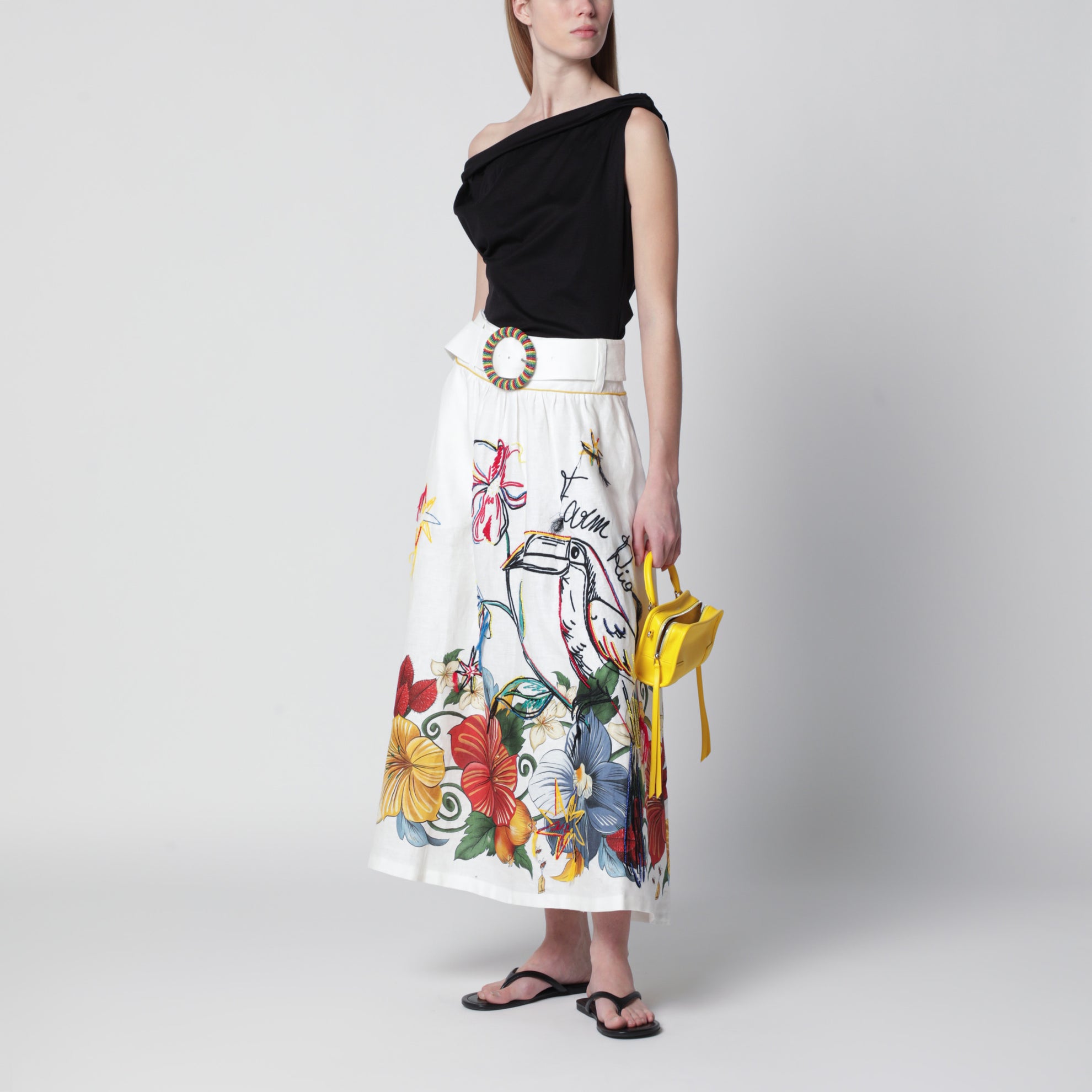White linen skirt with tropical embroidery