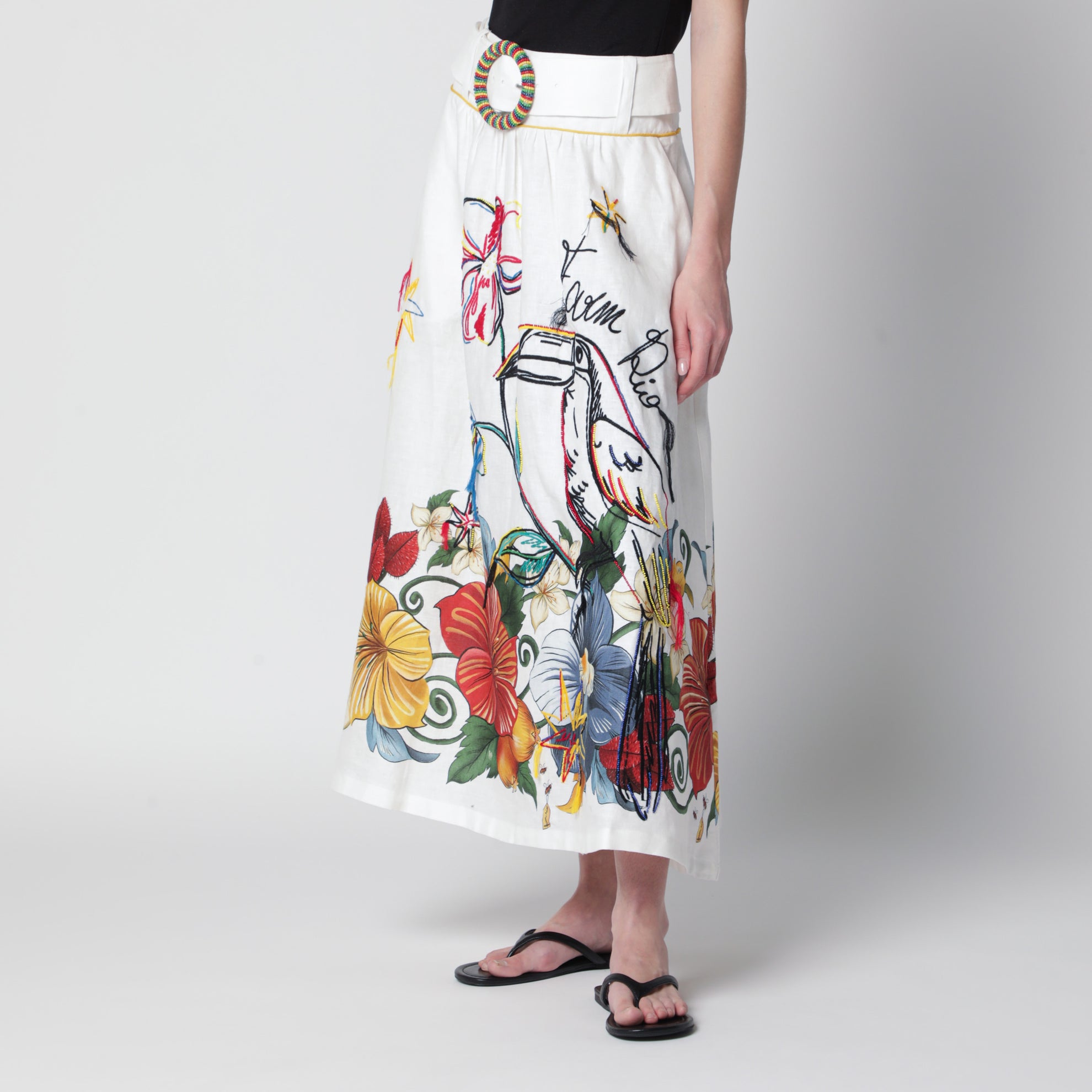 White linen skirt with tropical embroidery