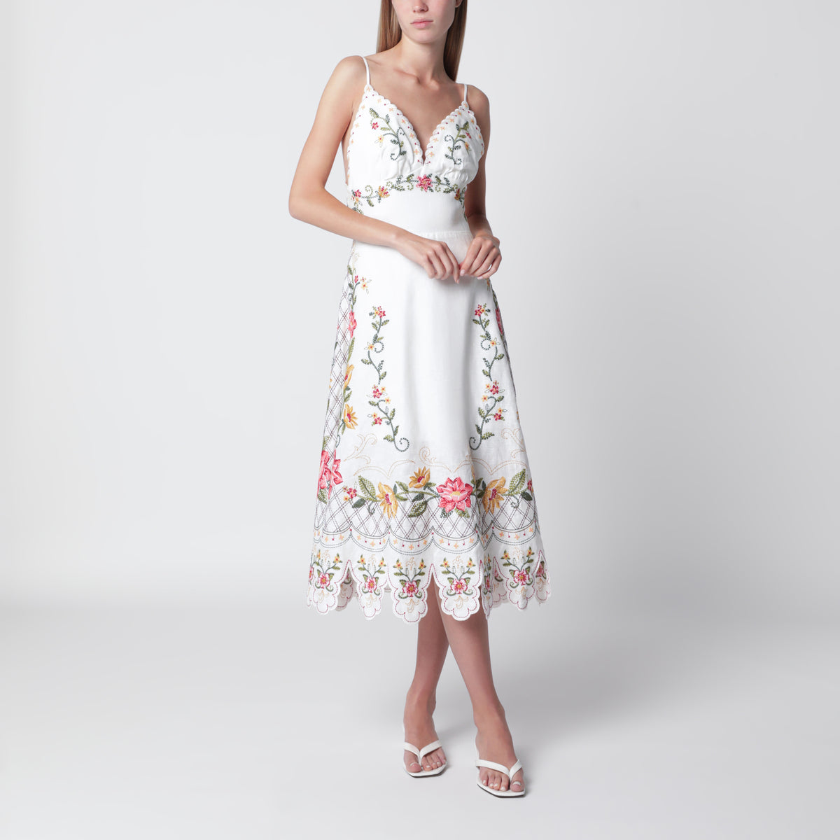 farm rio floral scalloped cotton midi dress Farm Rio Floral-Print Scalloped Dress In Neutrals