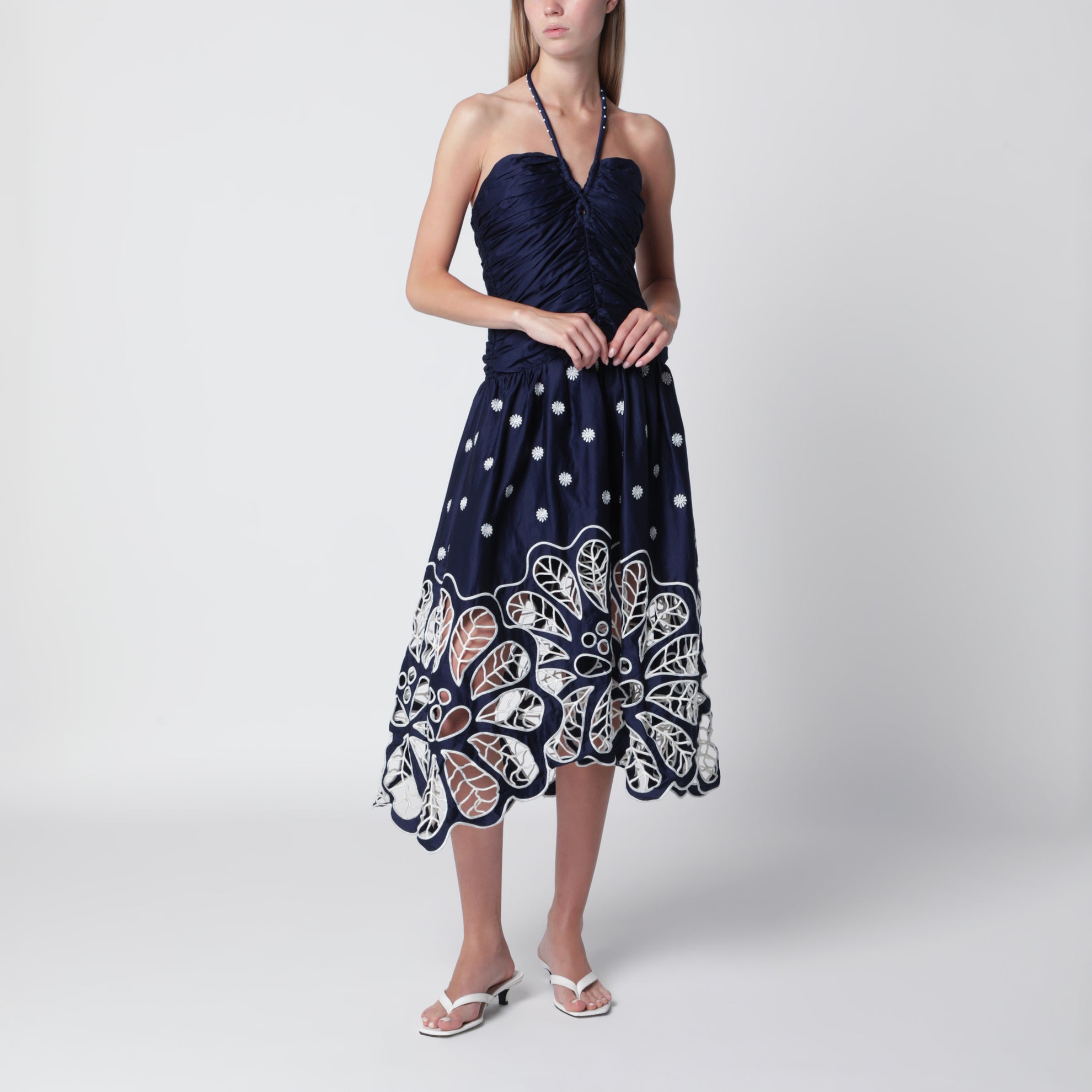 FARM Rio Navy blue Richelieu midi dress with embroidery