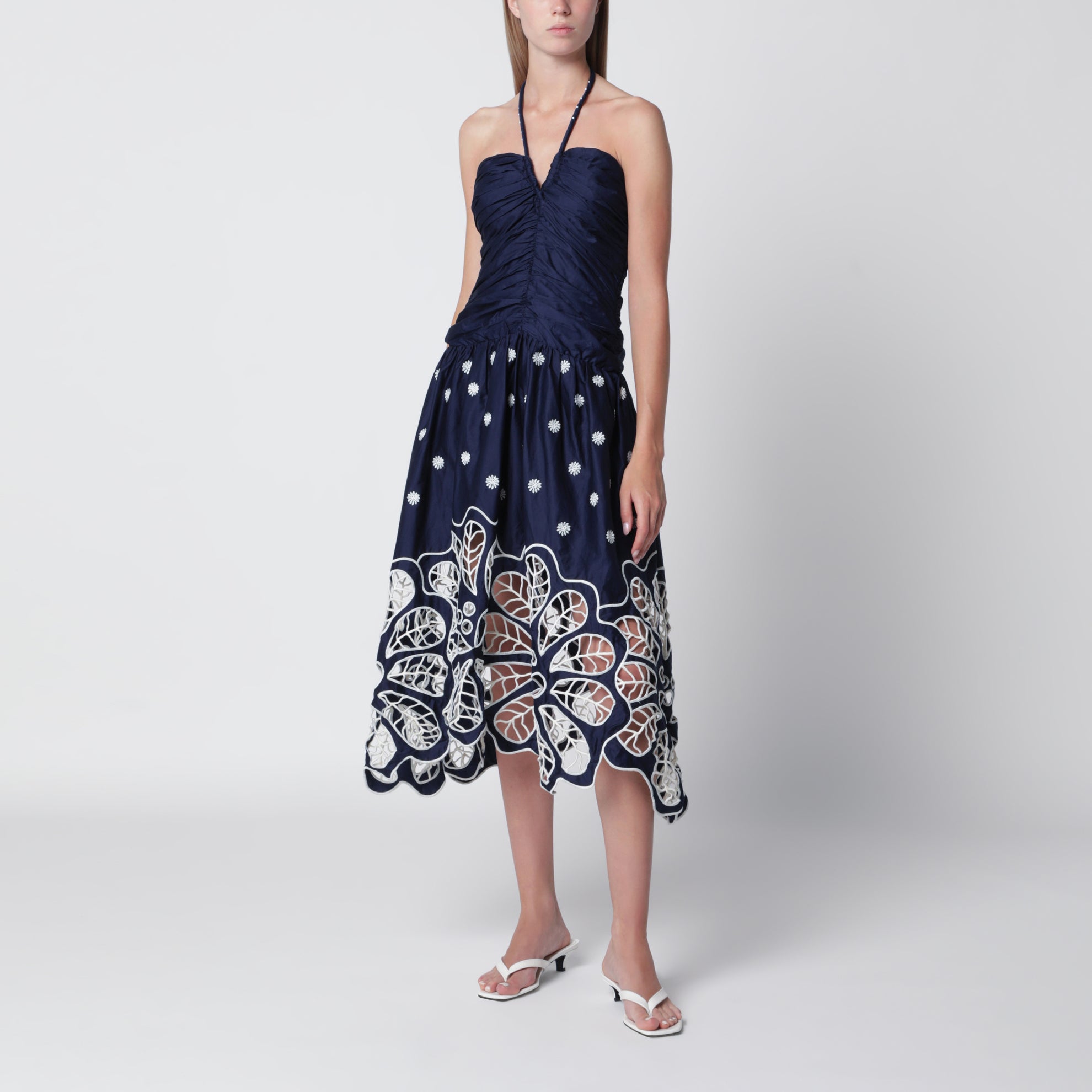 FARM Rio Navy blue Richelieu midi dress with embroidery