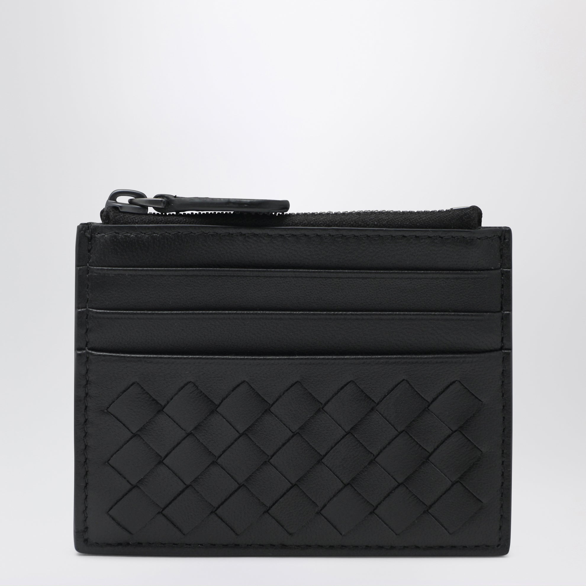 Zip Card Case in Black Intrecciato Leather
