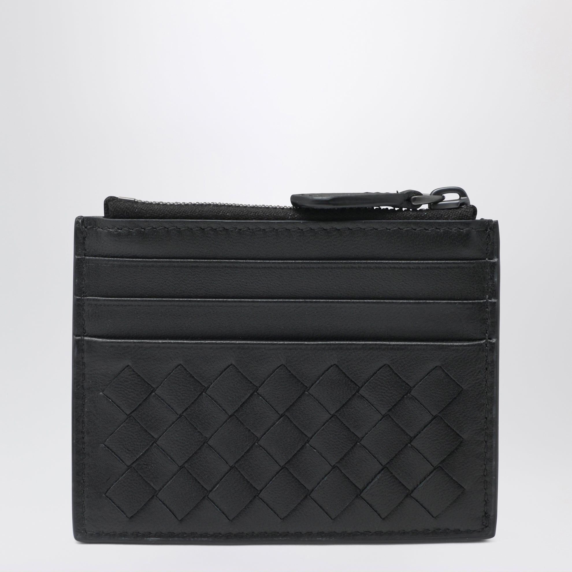 Zip Card Case in Black Intrecciato Leather
