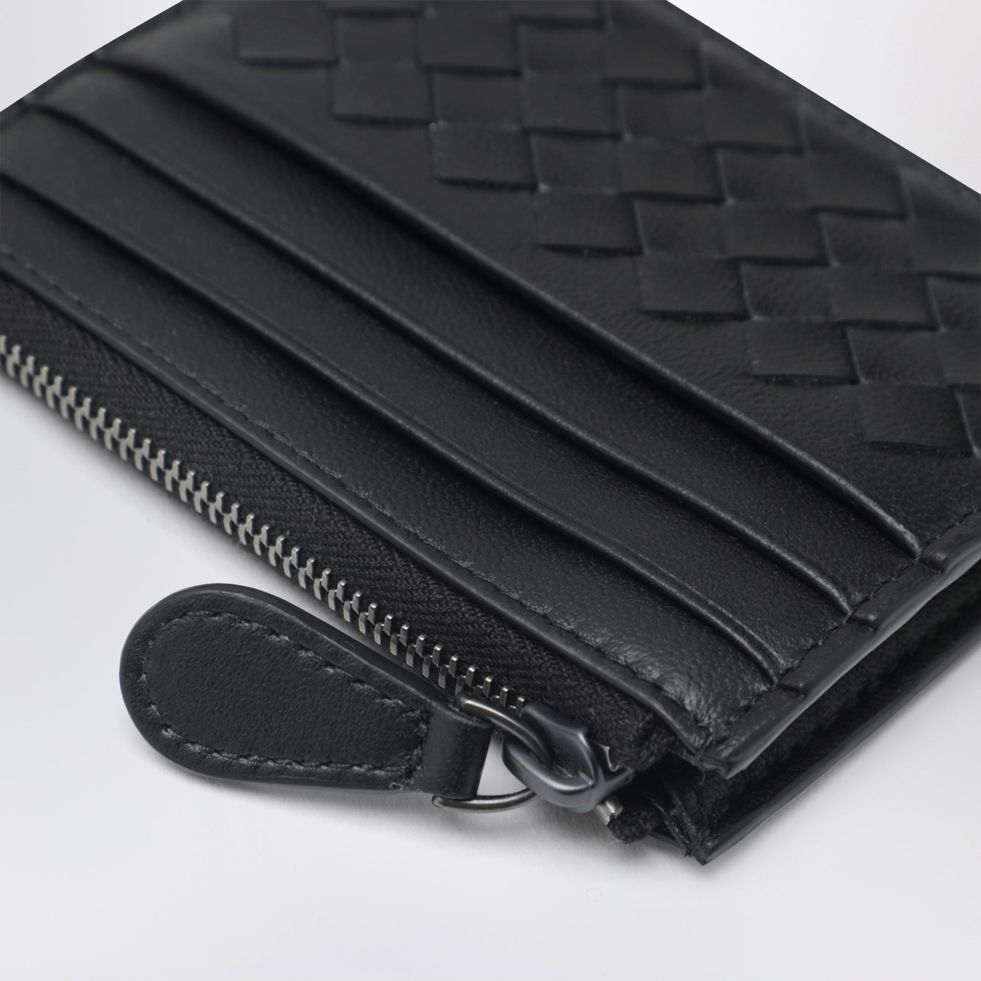 Zip Card Case in Black Intrecciato Leather