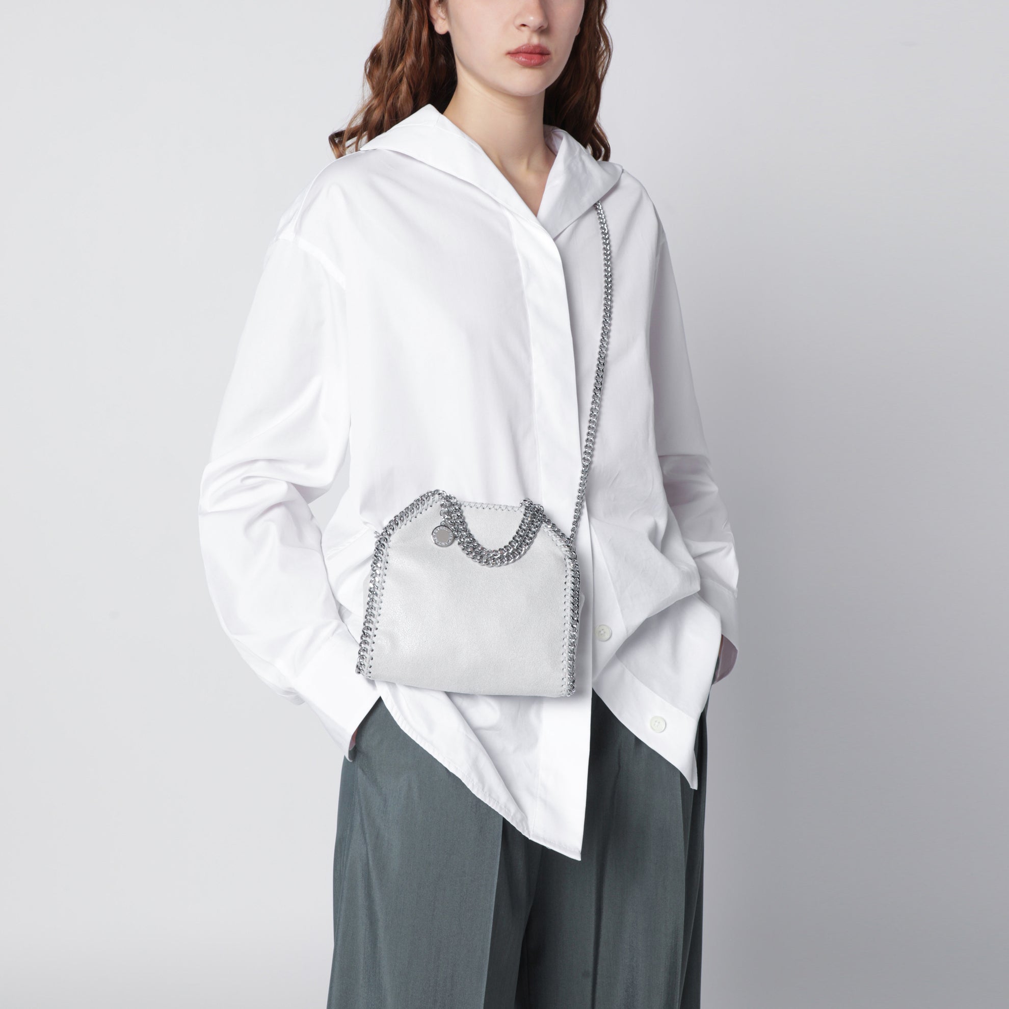 Pearl grey micro Falabella tote bag