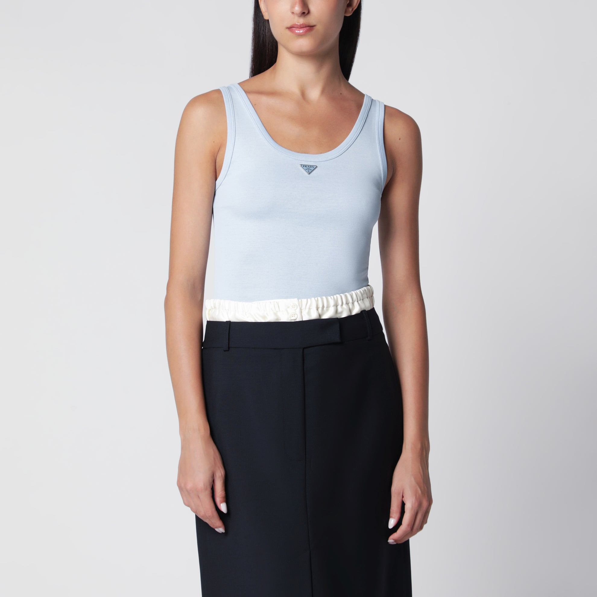 Ribbed cotton top with triangle logo in sky blue