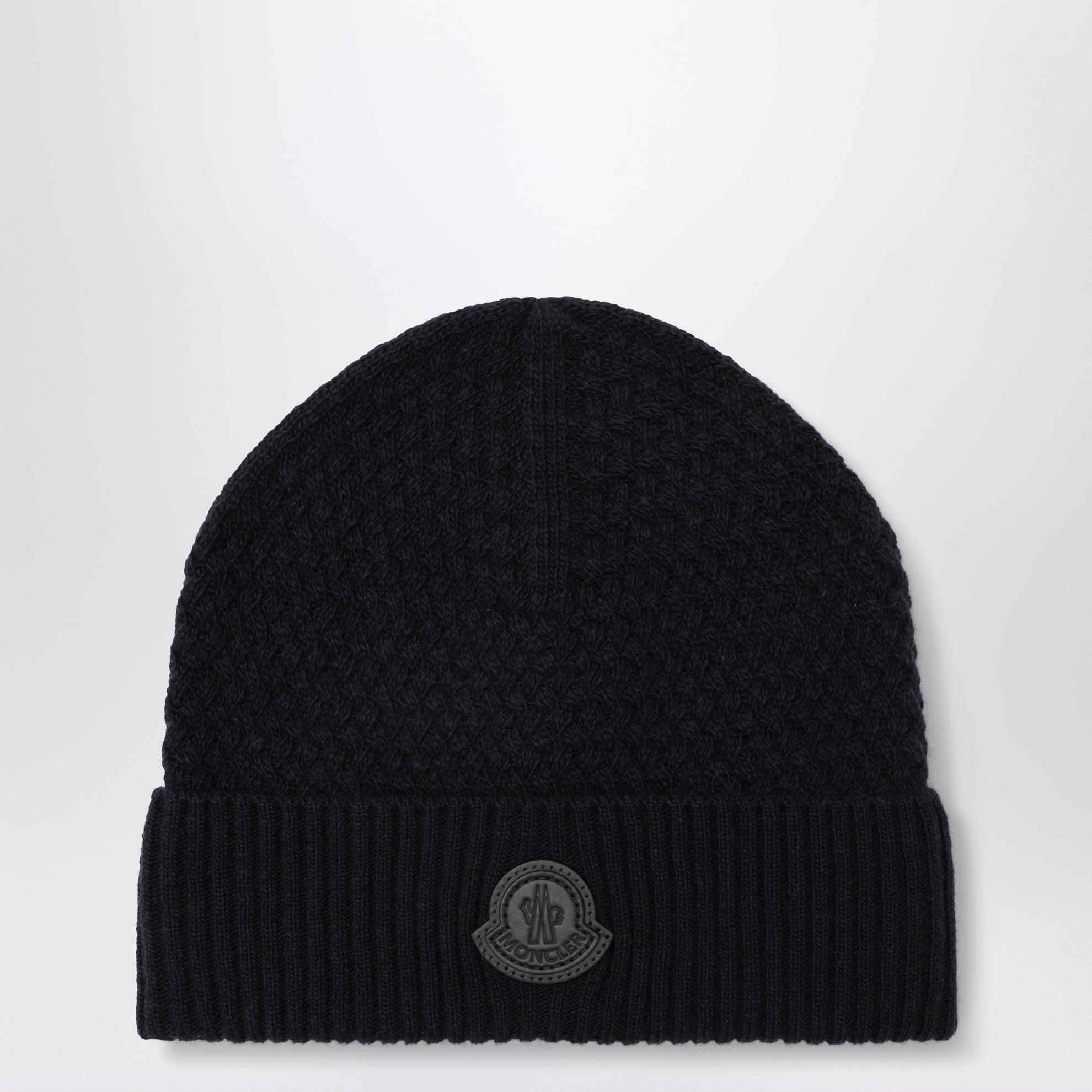 Navy blue wool beanie with logo patch