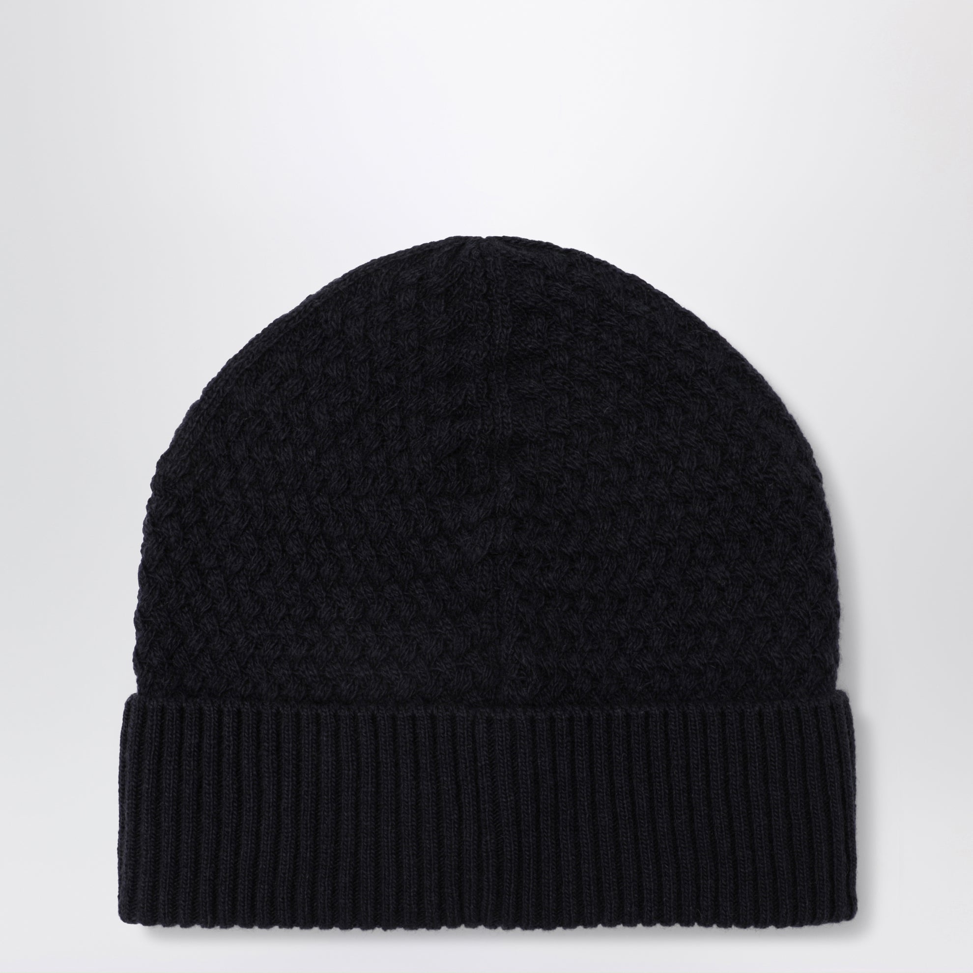 Navy blue wool beanie with logo patch