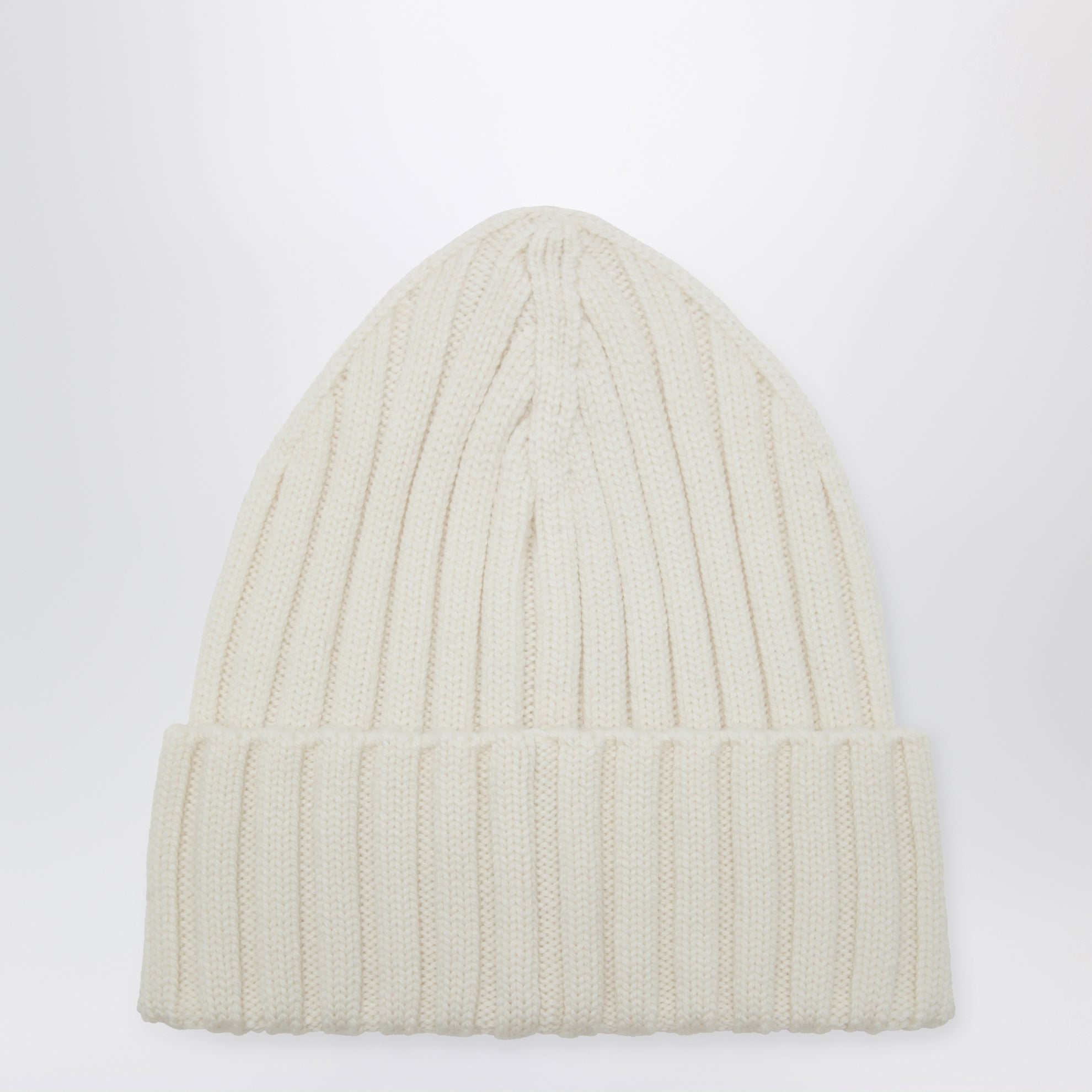 White cable-knit wool beanie with logo