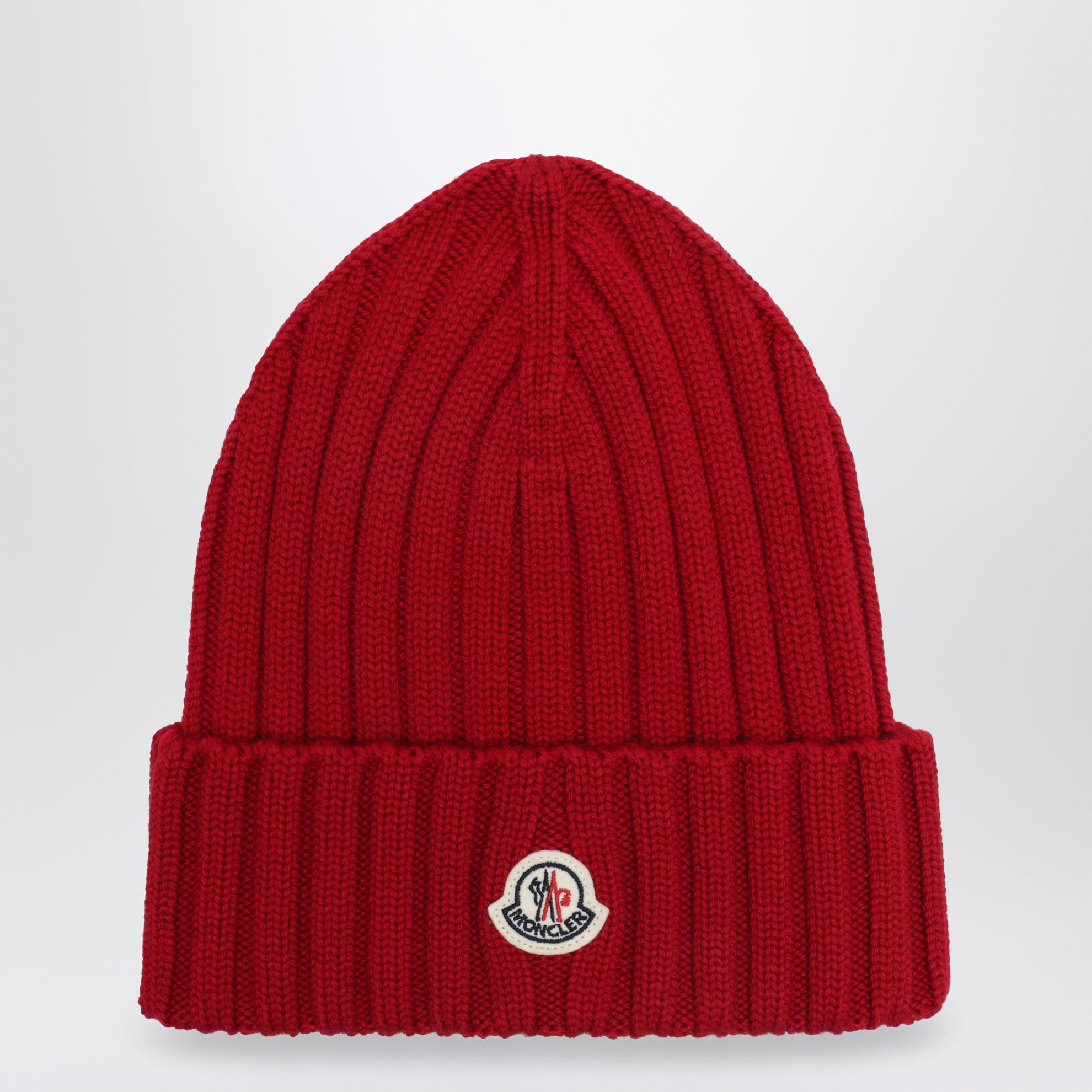 Cable-knit wool beanie with logo in burgundy