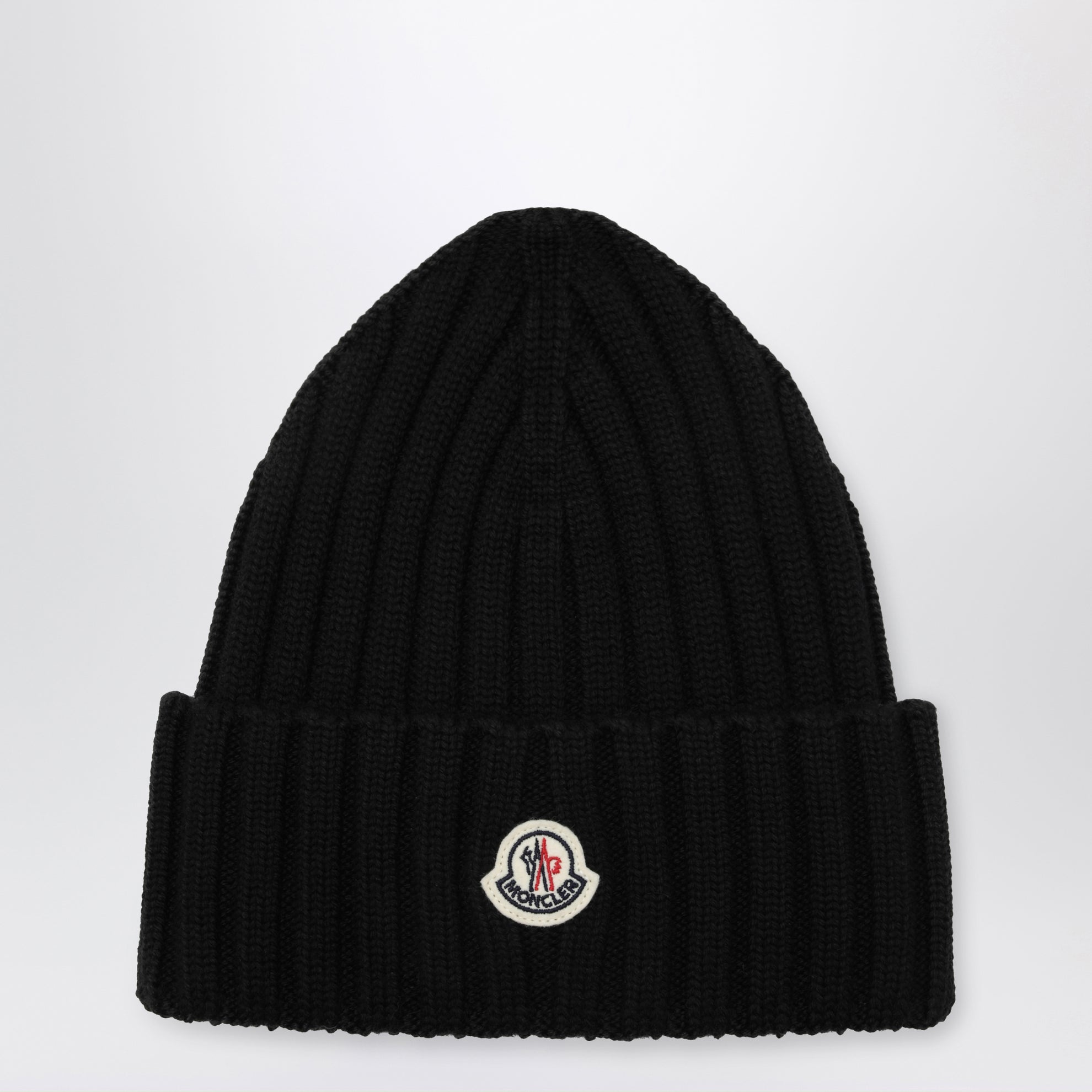Black cable-knit wool beanie with logo