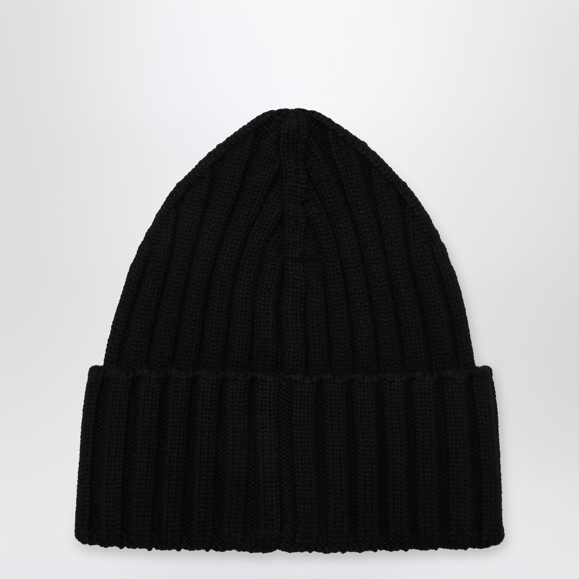 Black cable-knit wool beanie with logo