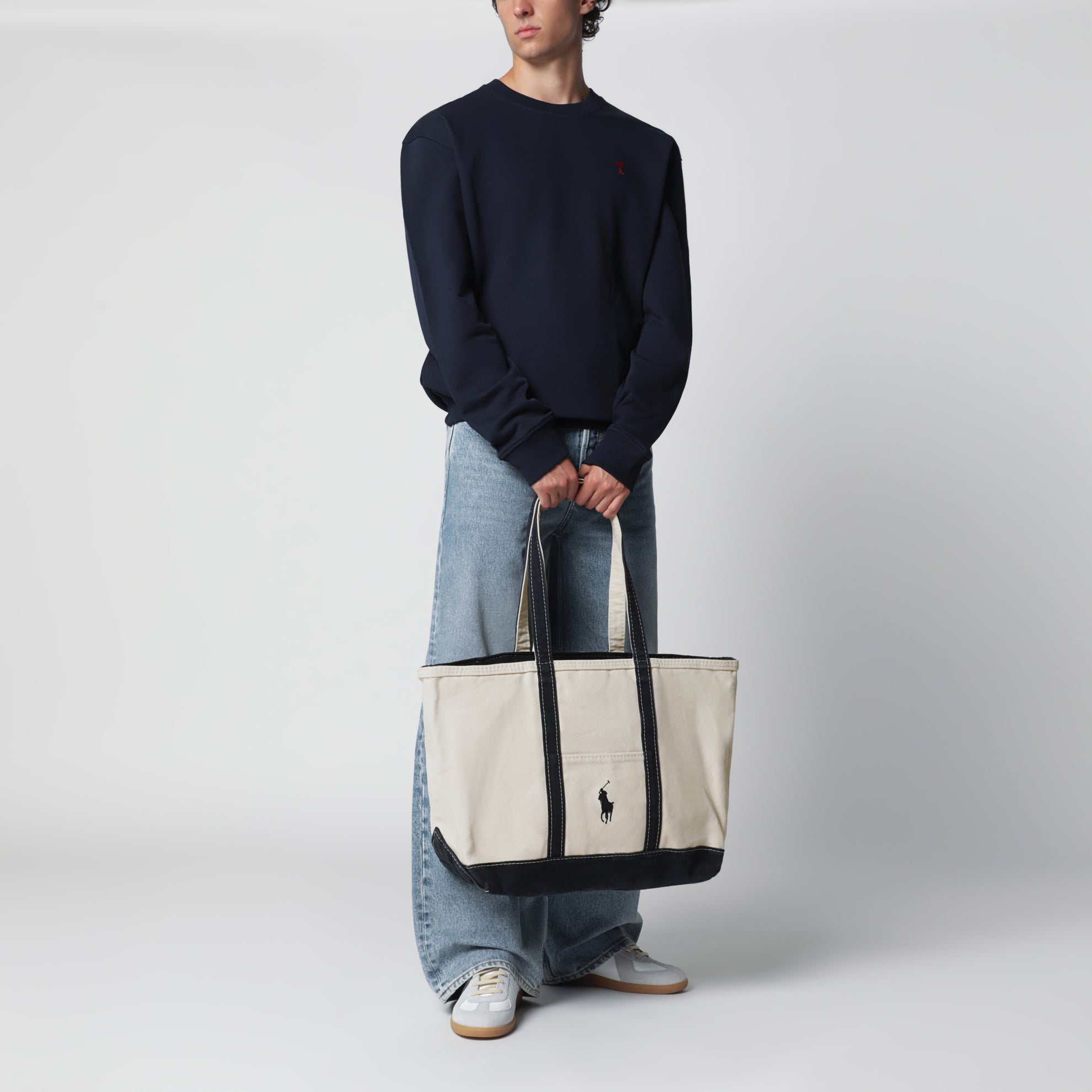 Borsa tote Big Pony in cotone crema e navy