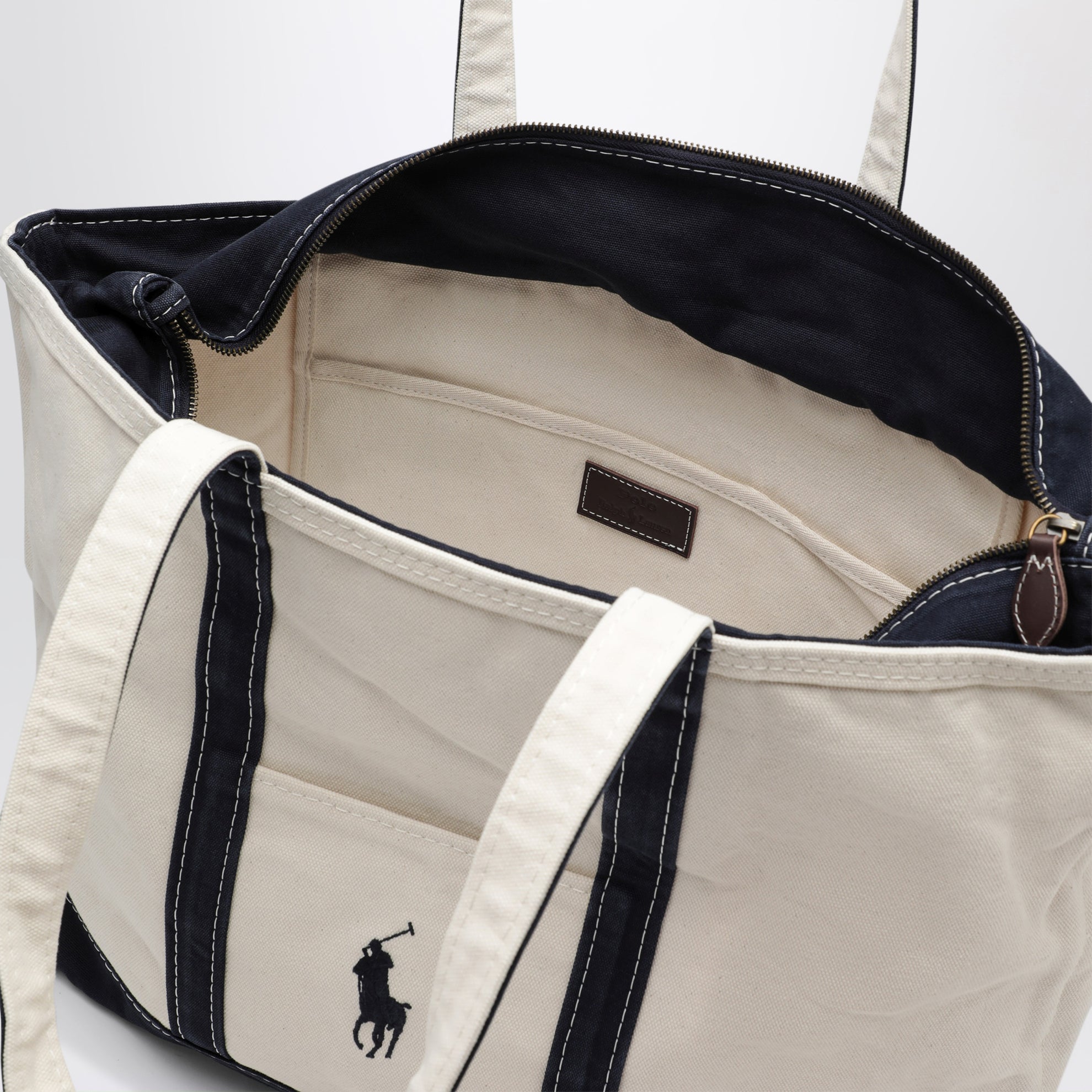 Borsa tote Big Pony in cotone crema e navy
