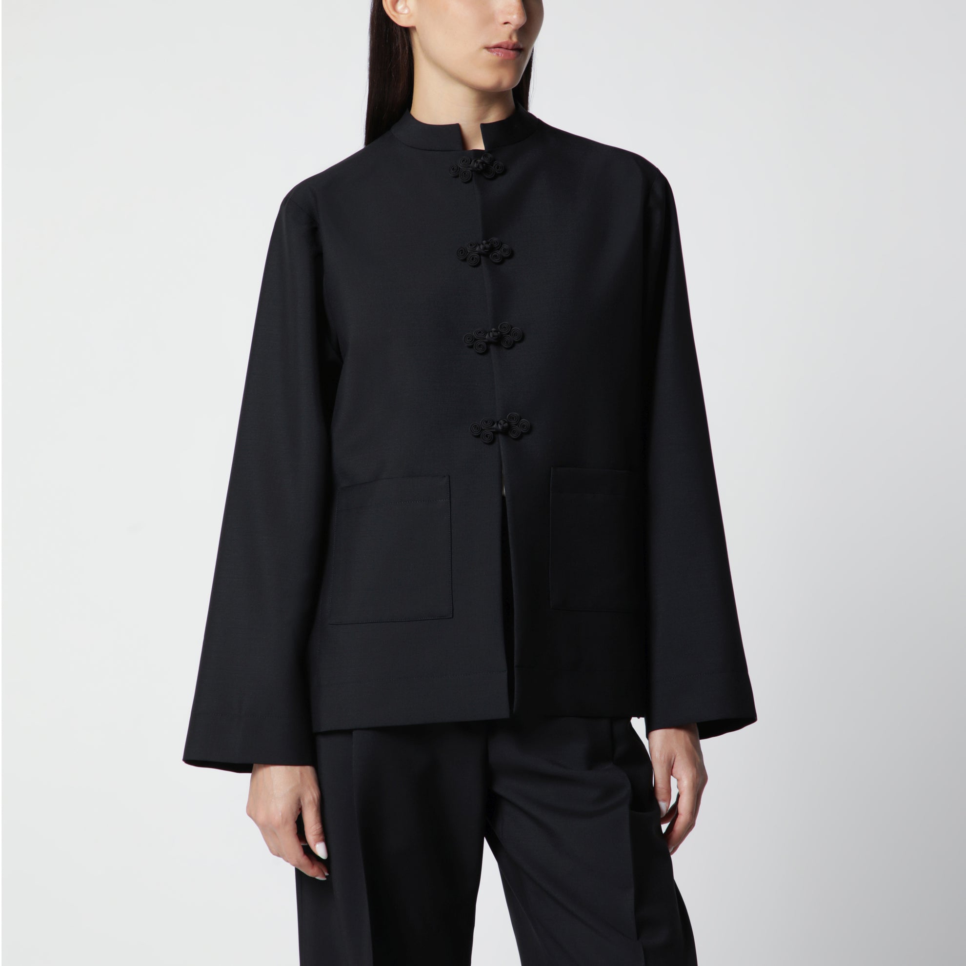 Black Wool Jacket with Pankou Closure