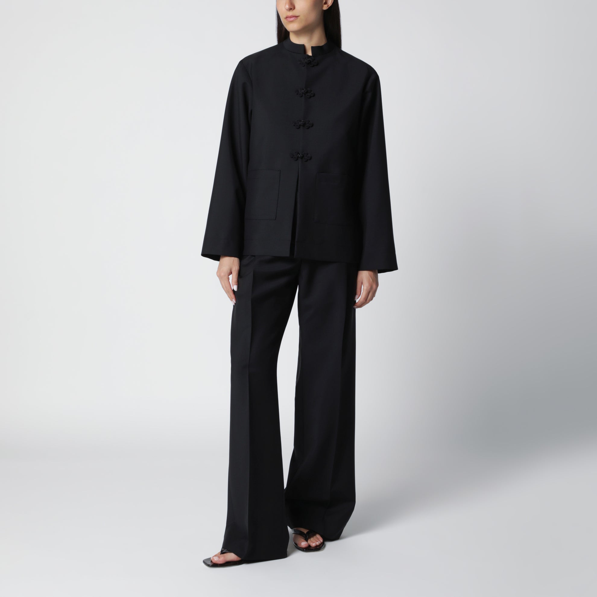 Black Wool Jacket with Pankou Closure