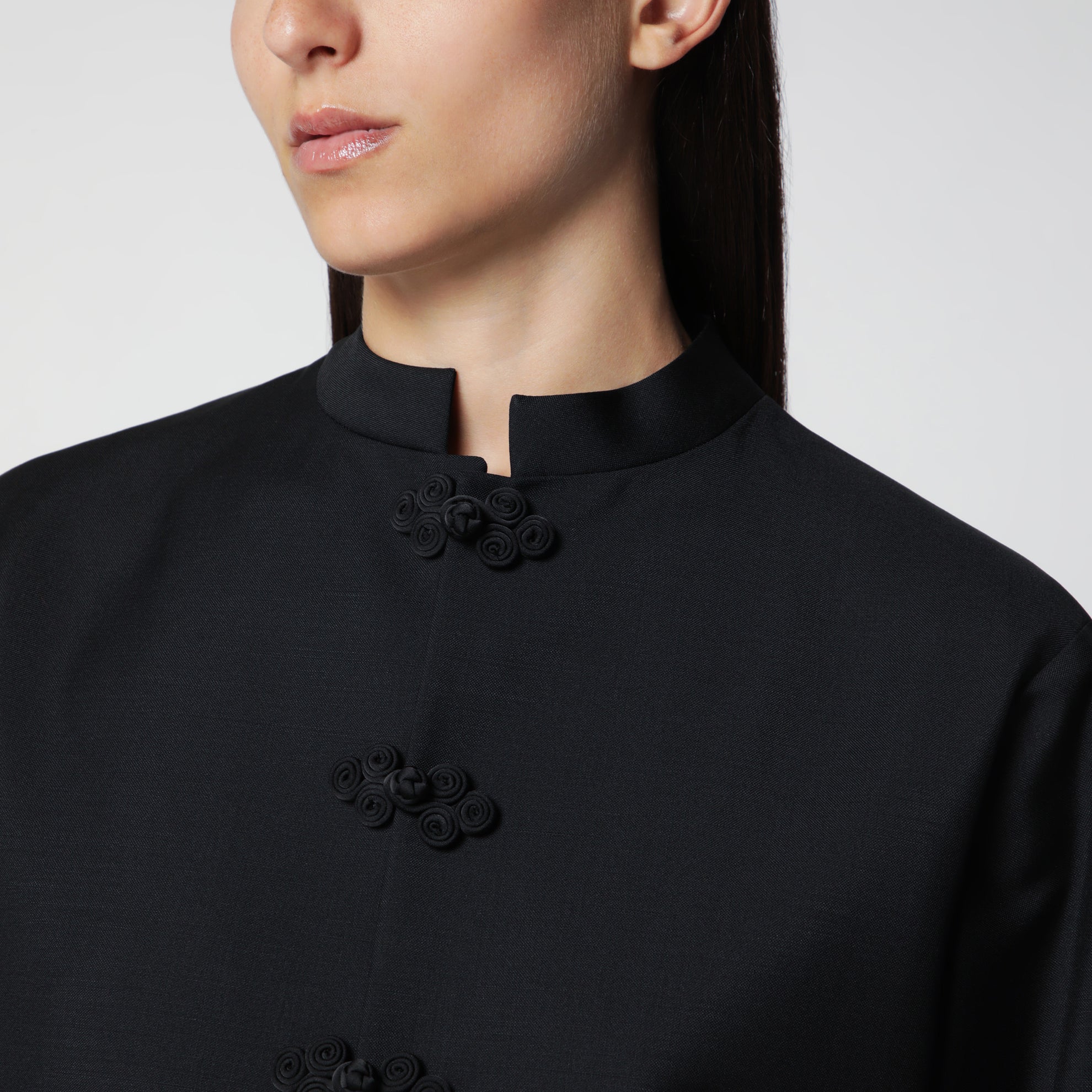 Black Wool Jacket with Pankou Closure