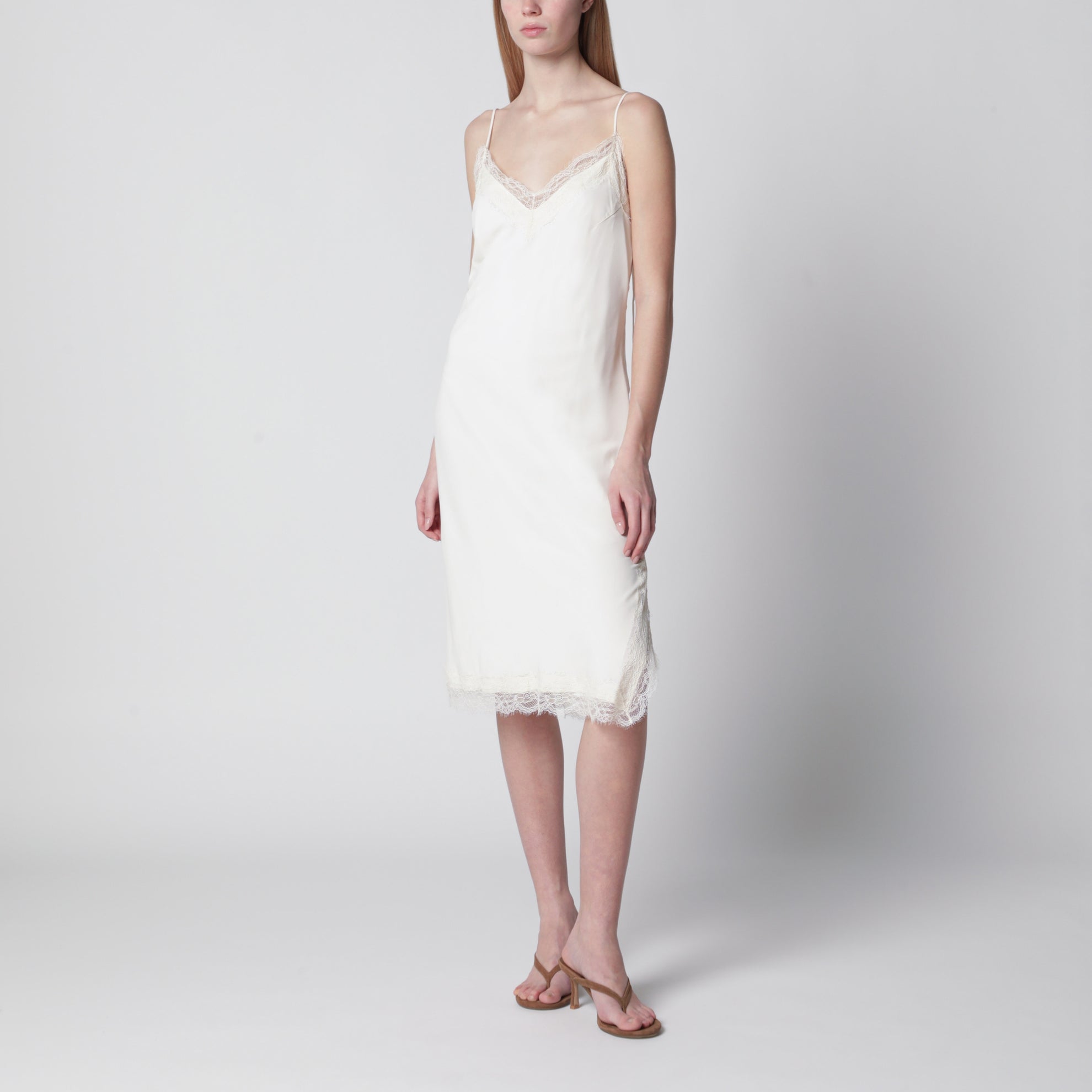 White silk and lace slip dress