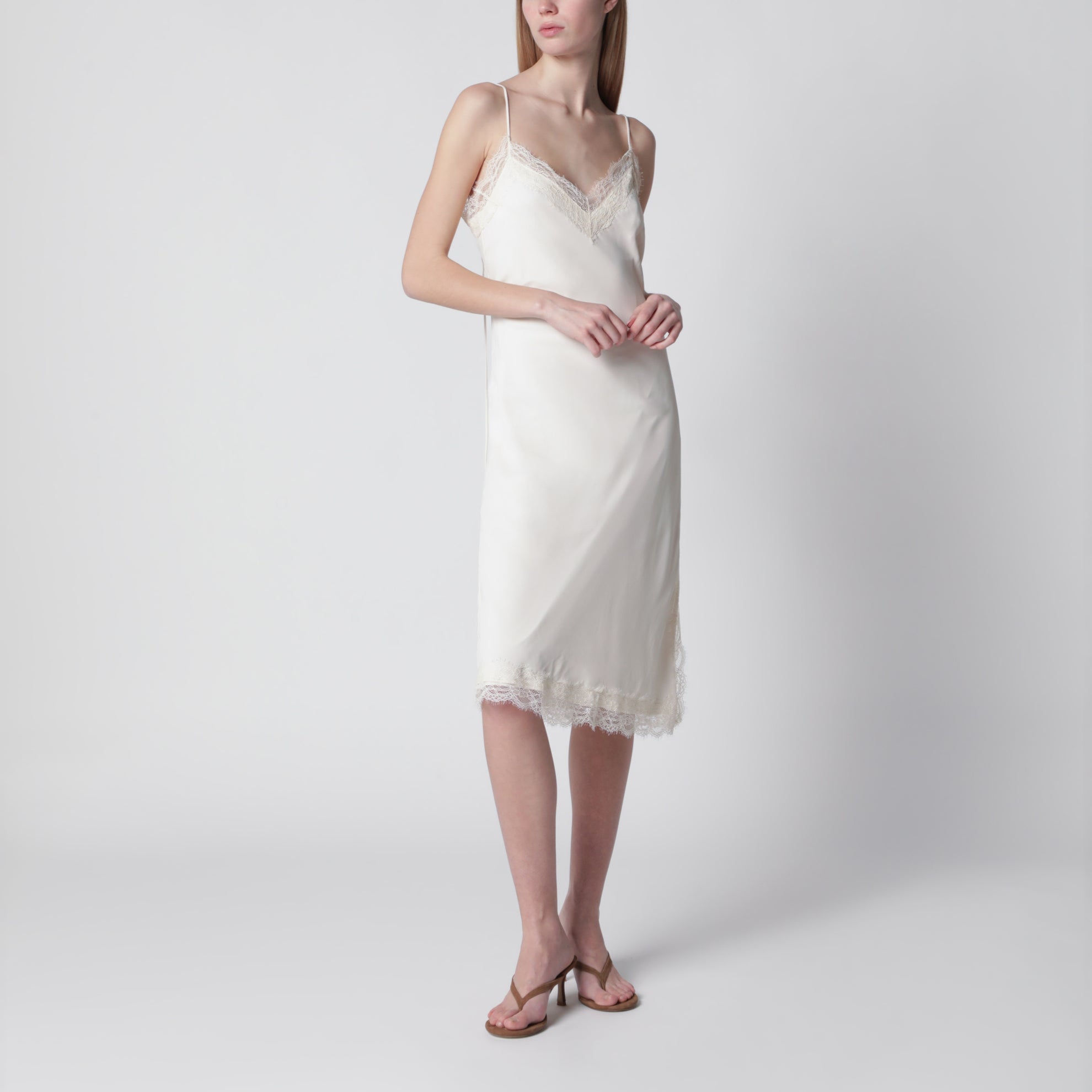 White silk and lace slip dress