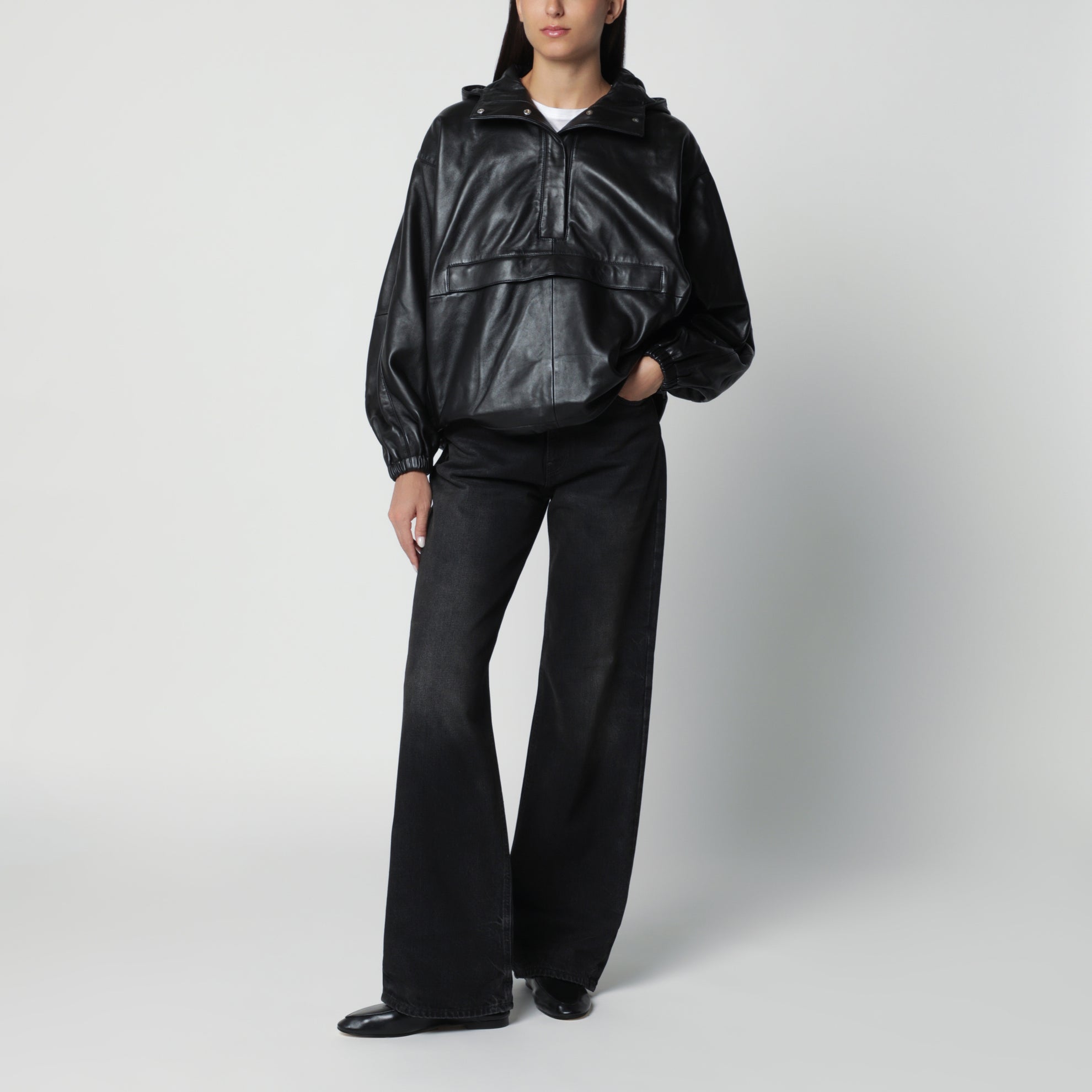 Anorak oversize in pelle nero