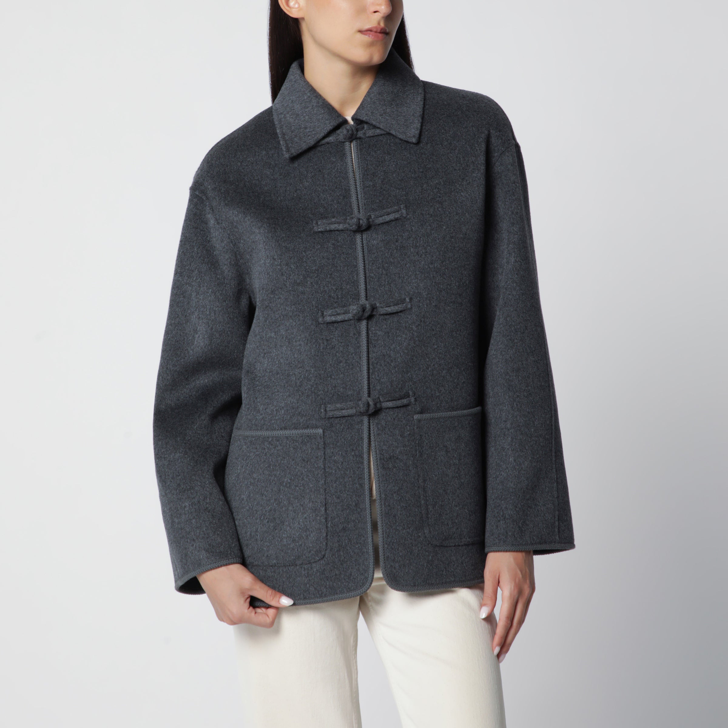 Róhe Dark Grey Mélange Double-Faced Wool Jacket with Pankou