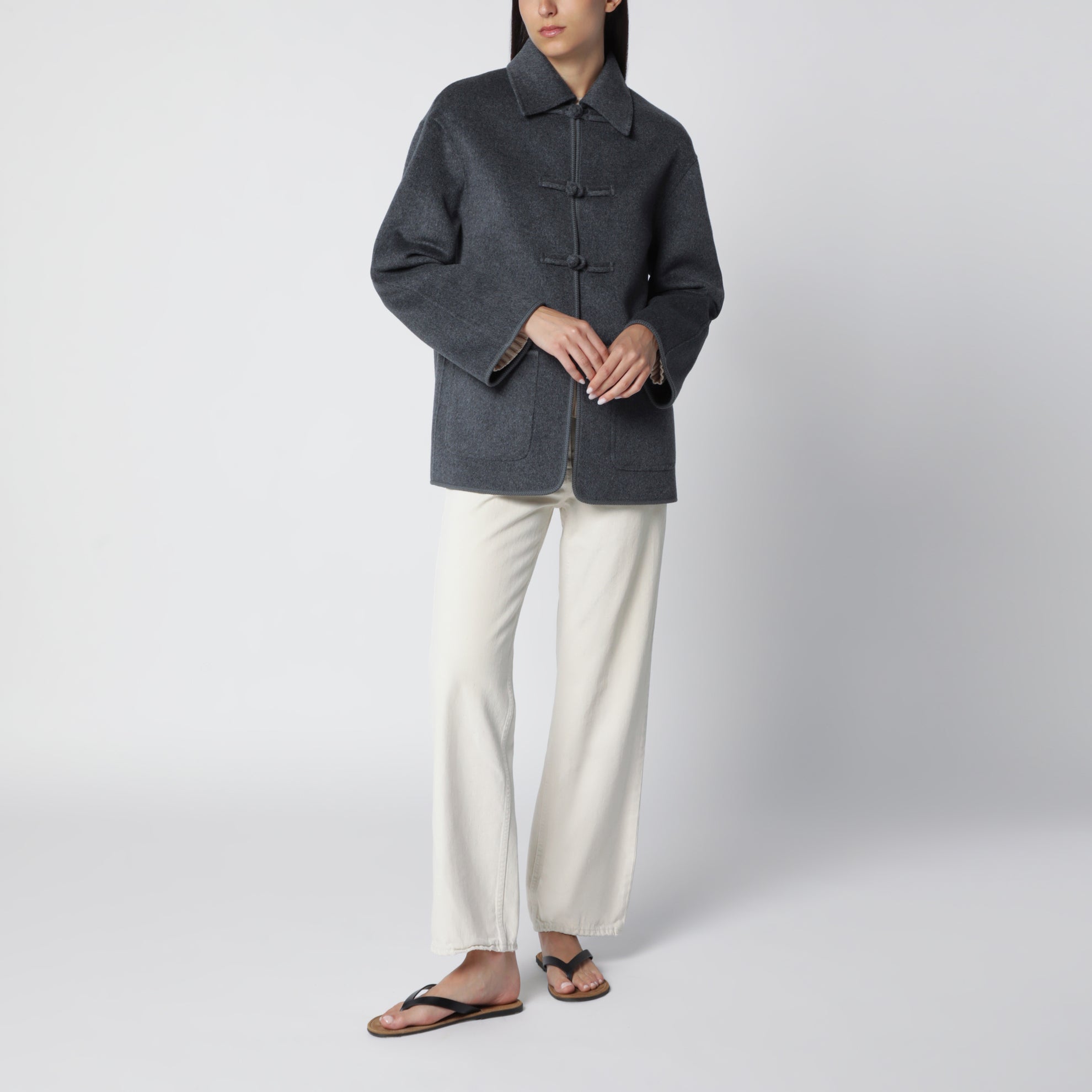 Dark Grey Mélange Double-Faced Wool Jacket with Pankou Closure