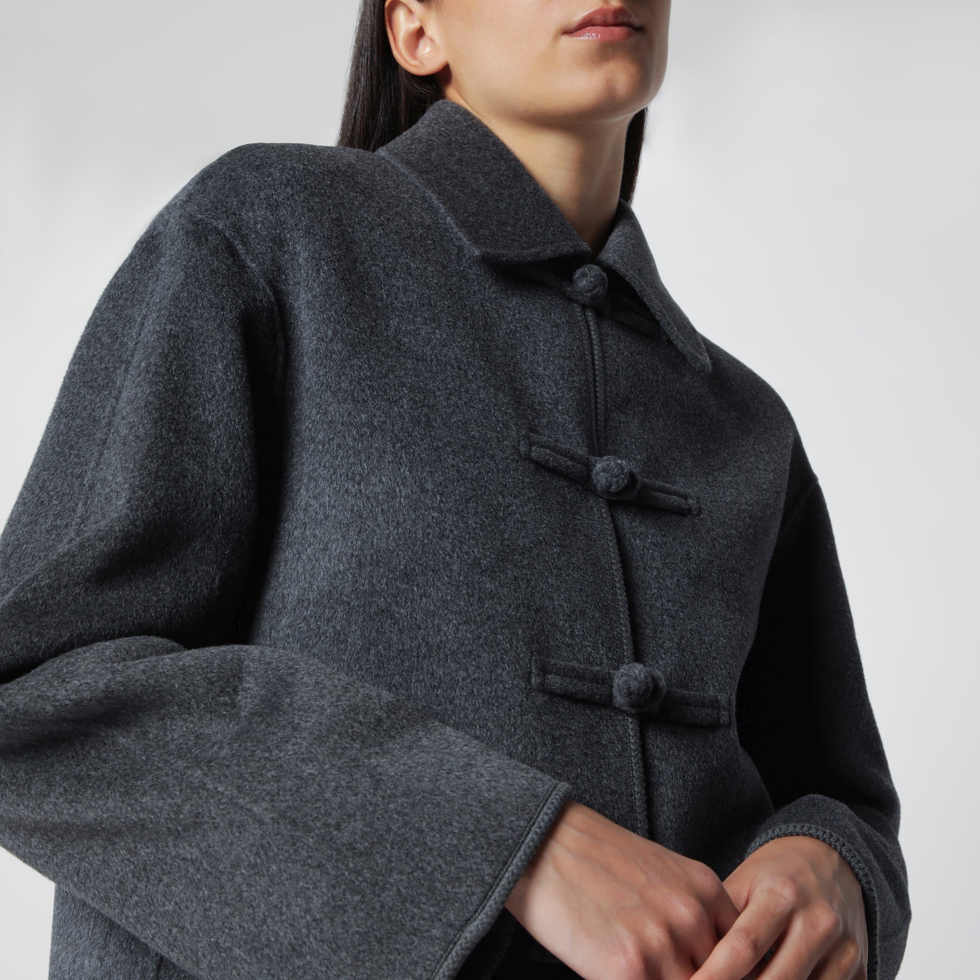 Dark Grey Mélange Double-Faced Wool Jacket with Pankou Closure