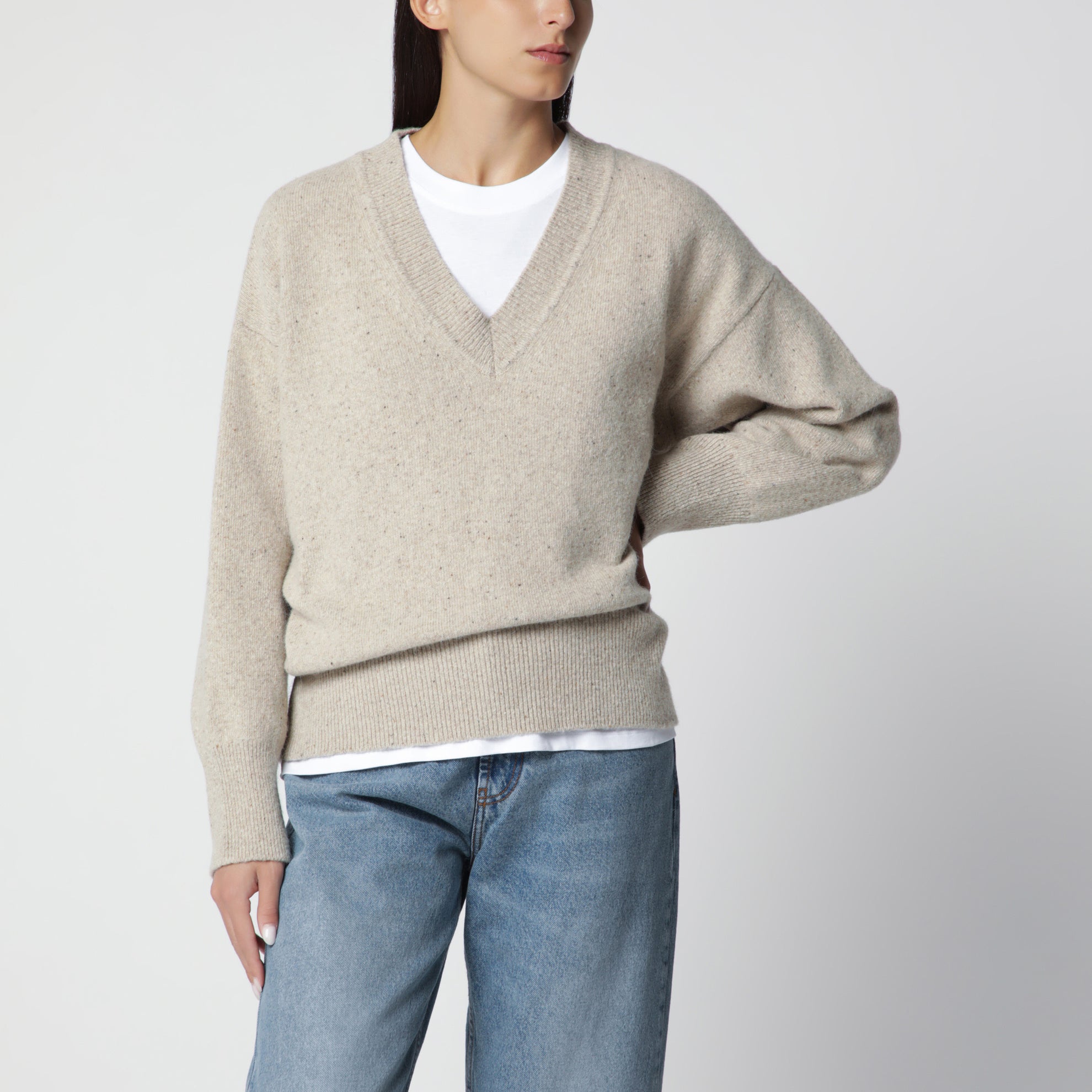 Beige mélange wool-blend sweater