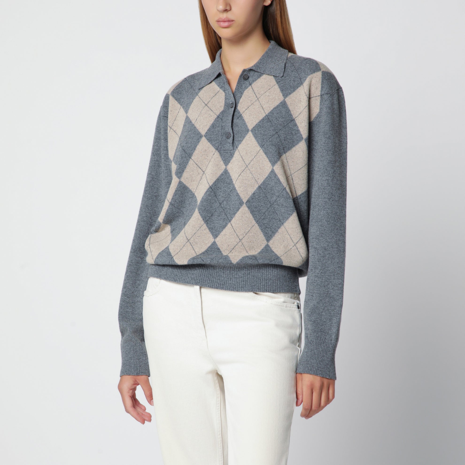 Grey polo with beige Argyle pattern in wool blend