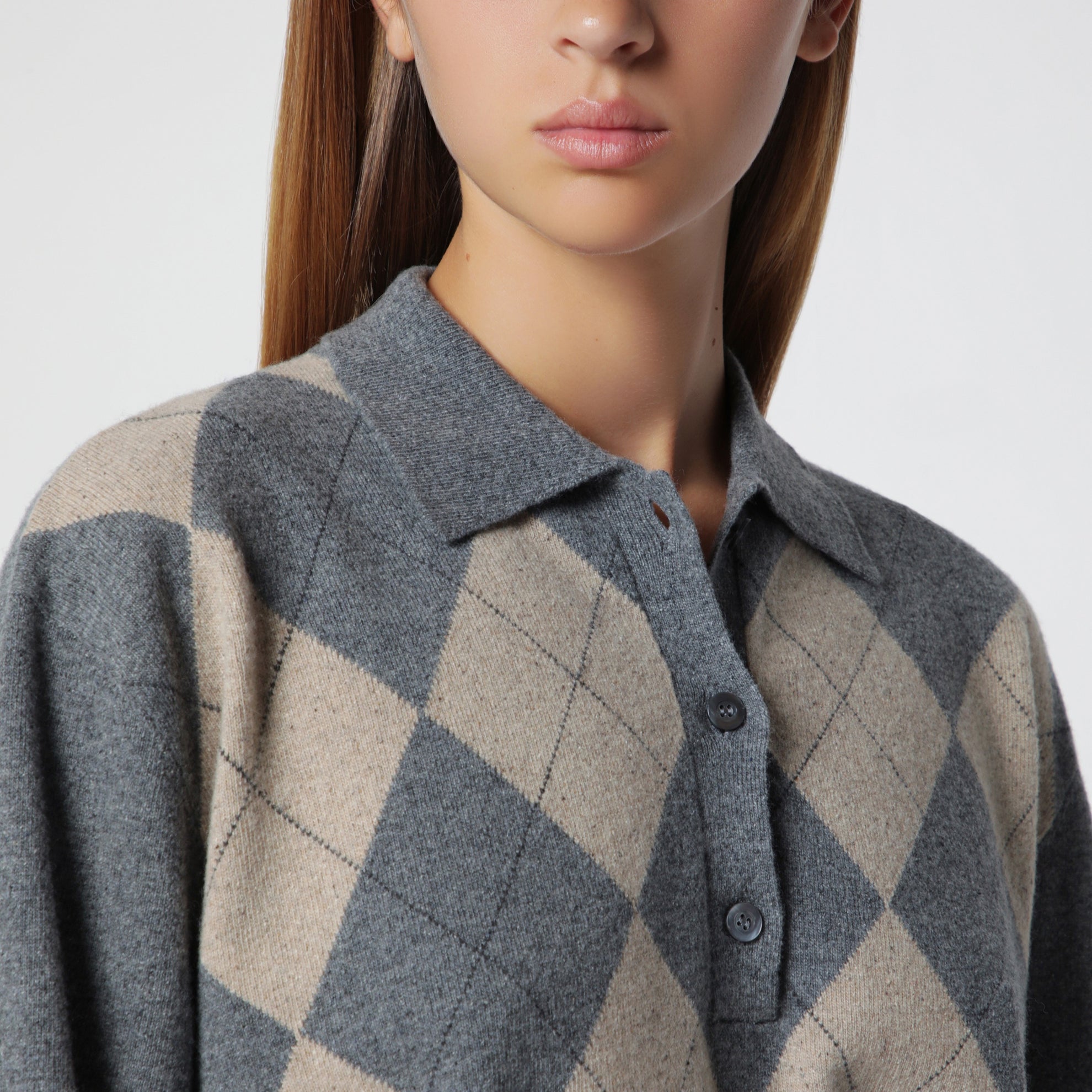 Grey polo with beige Argyle pattern in wool blend