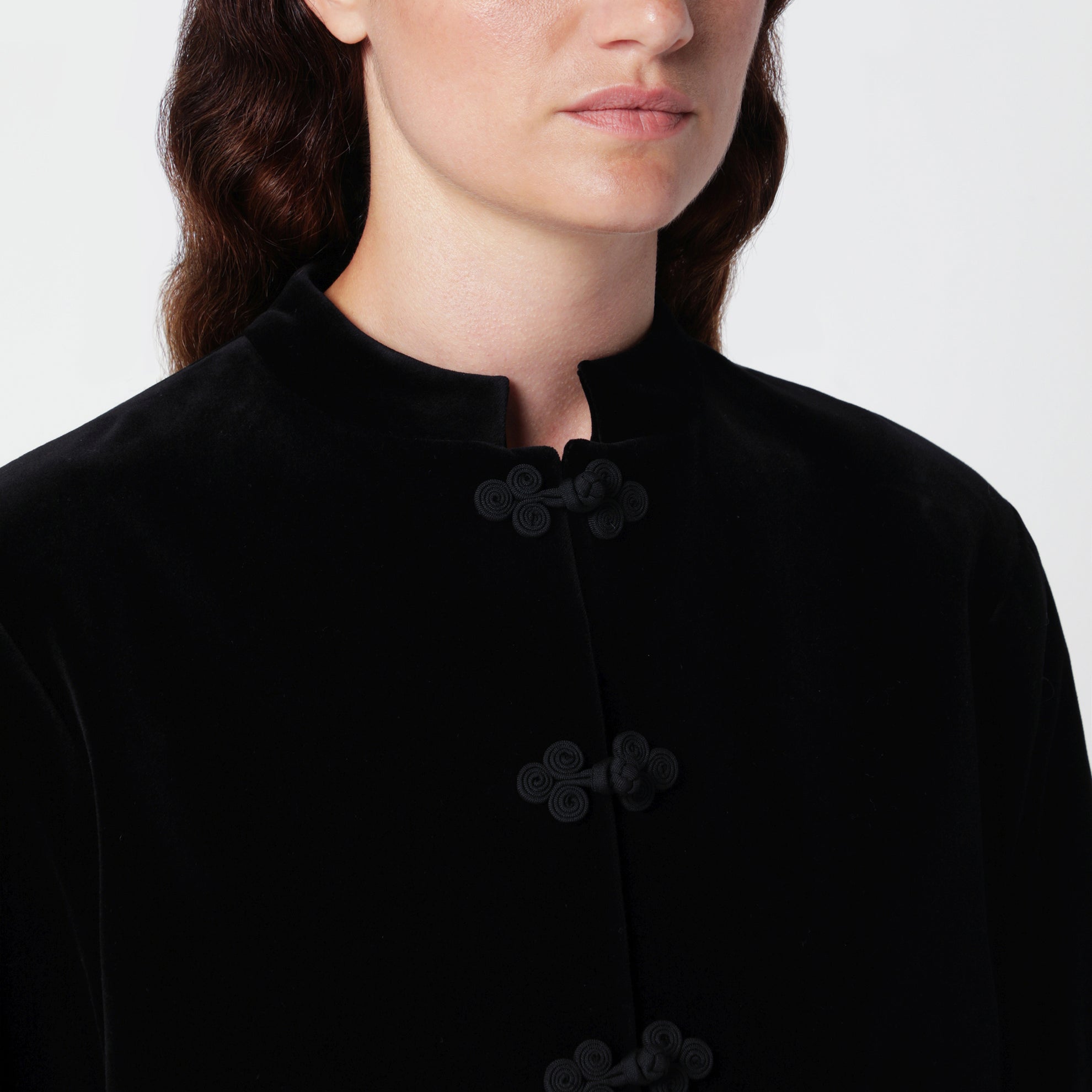 Black velvet jacket with Pankou fastening