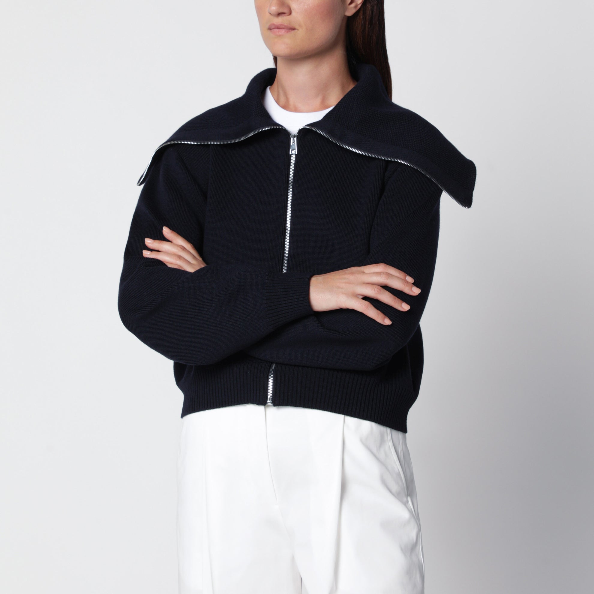 Navy blue wool zip-up cardigan