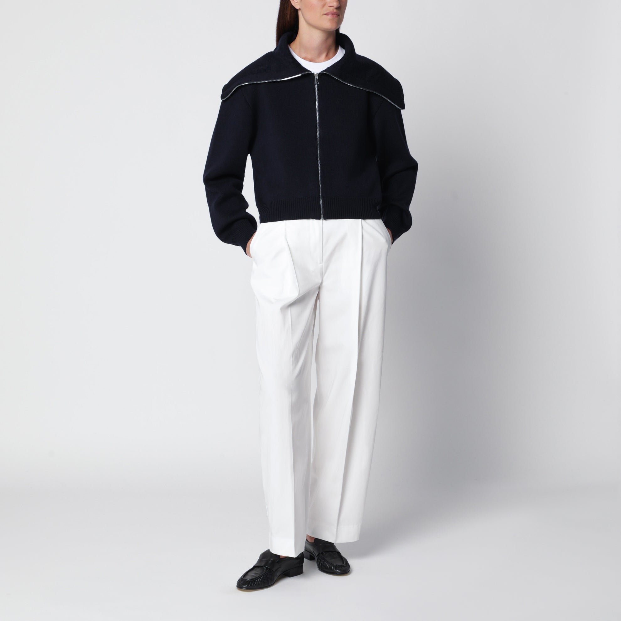 Navy blue wool zip-up cardigan
