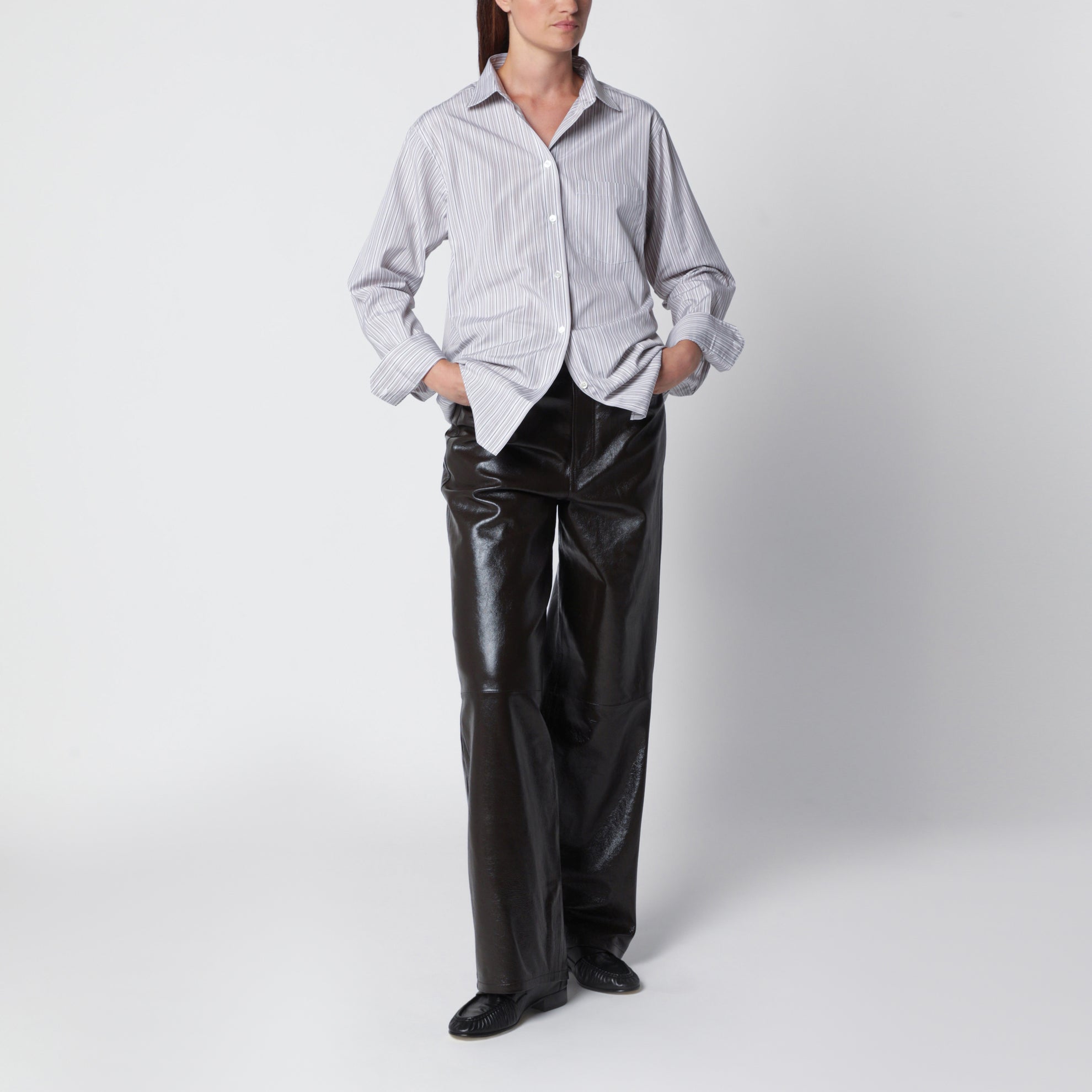 Brown leather wide-leg trousers